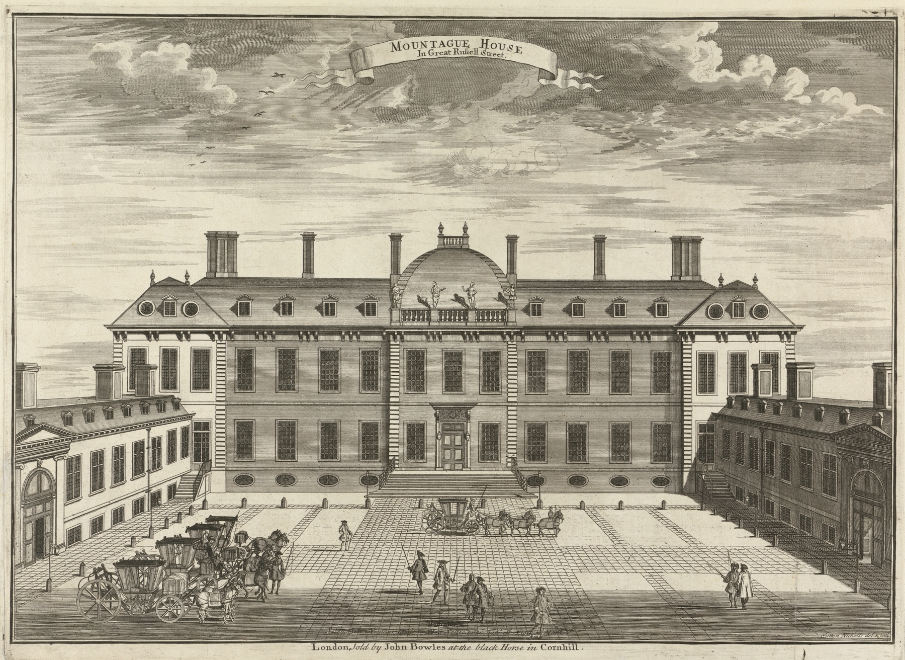 Montague House engraving by Sutton Nicholls featuring elegant columns and a pastel sky.