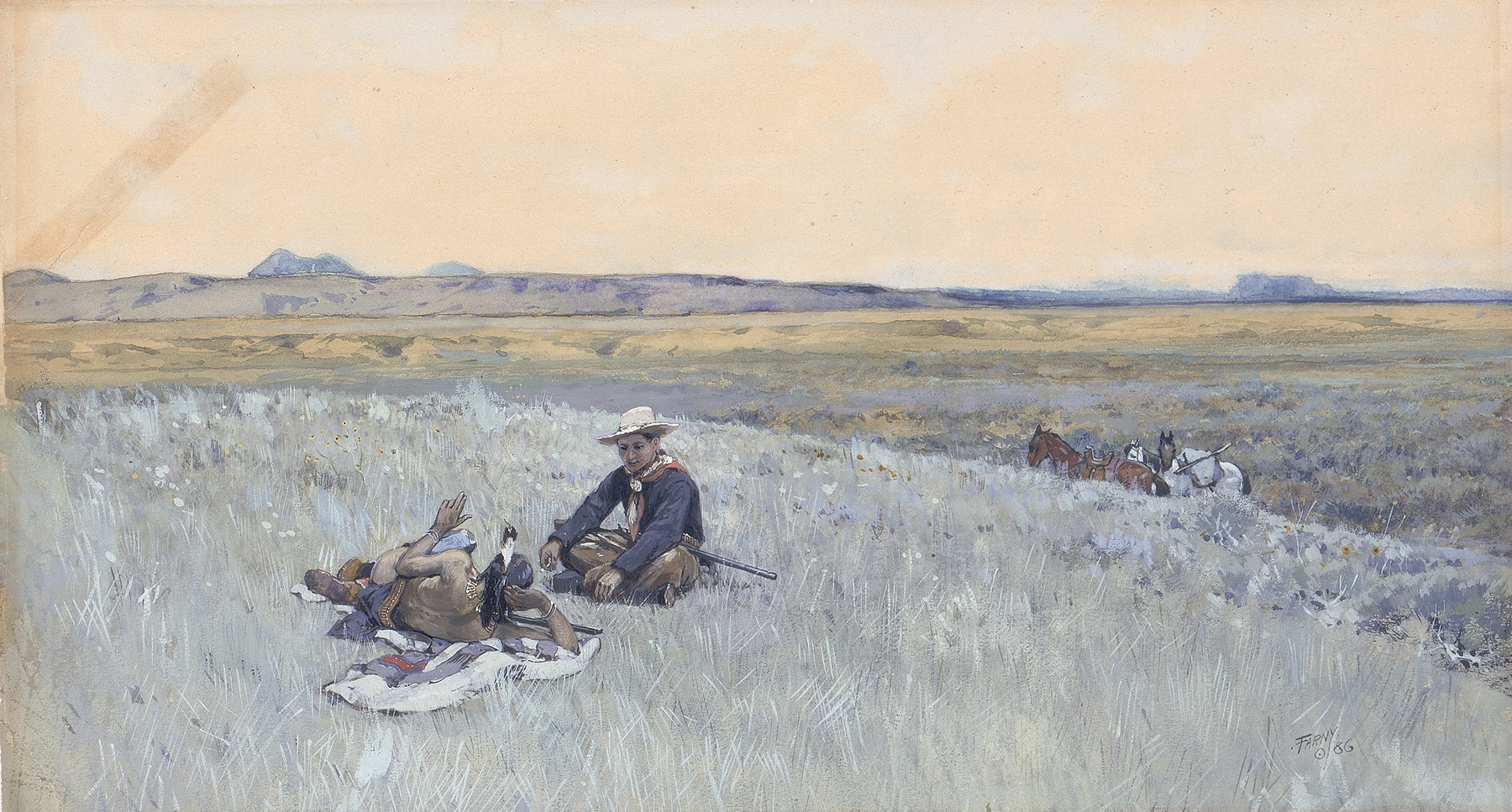 Genre scene of two figures by the fire, warm palette, oil painting by Henry Farny