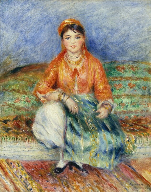 A young Algerian girl wearing a colorful traditional dress, with a warm smile and bright eyes.