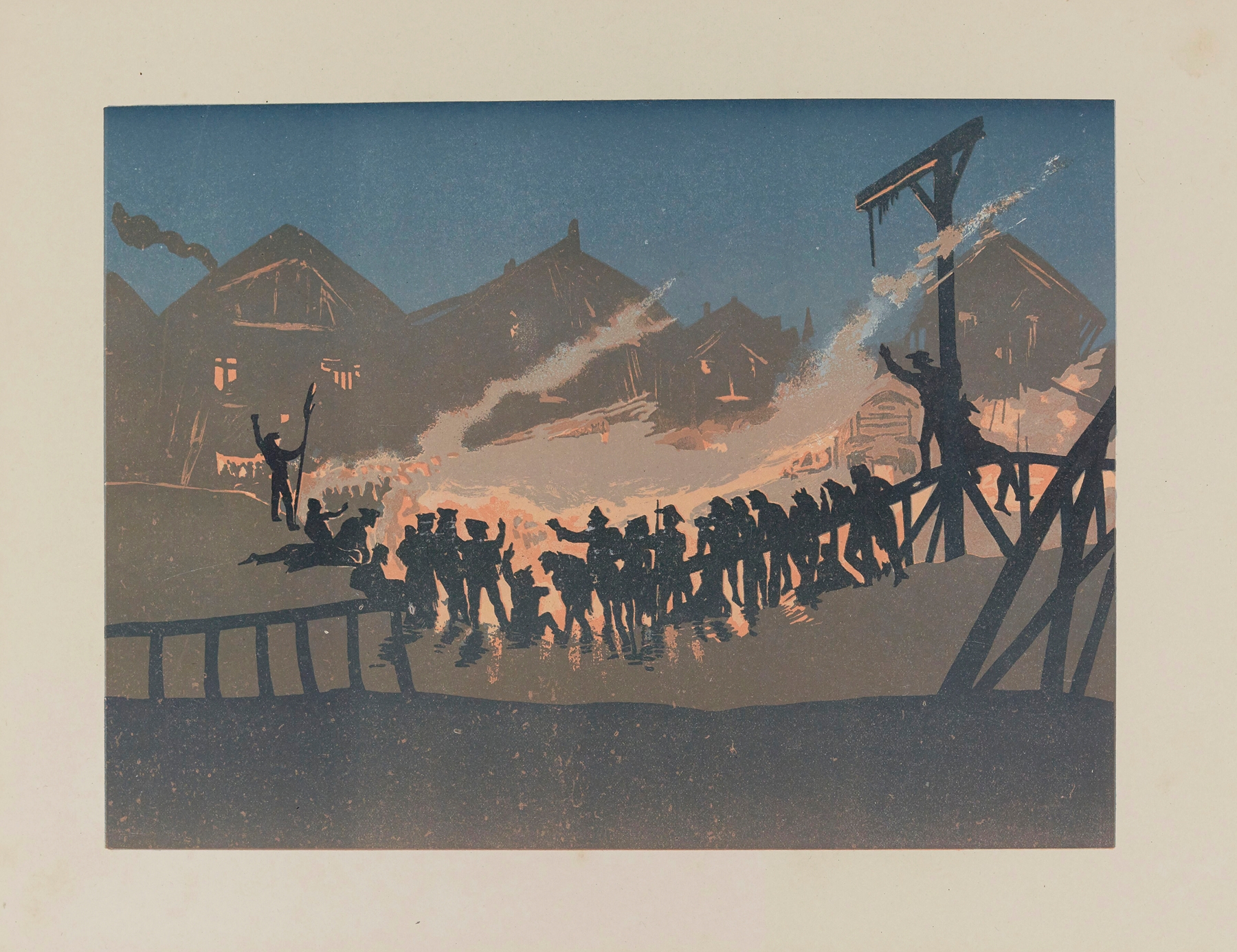 Engraving by Henri-Eugène Callot depicting a foggy Paris alley with shadowy figures.