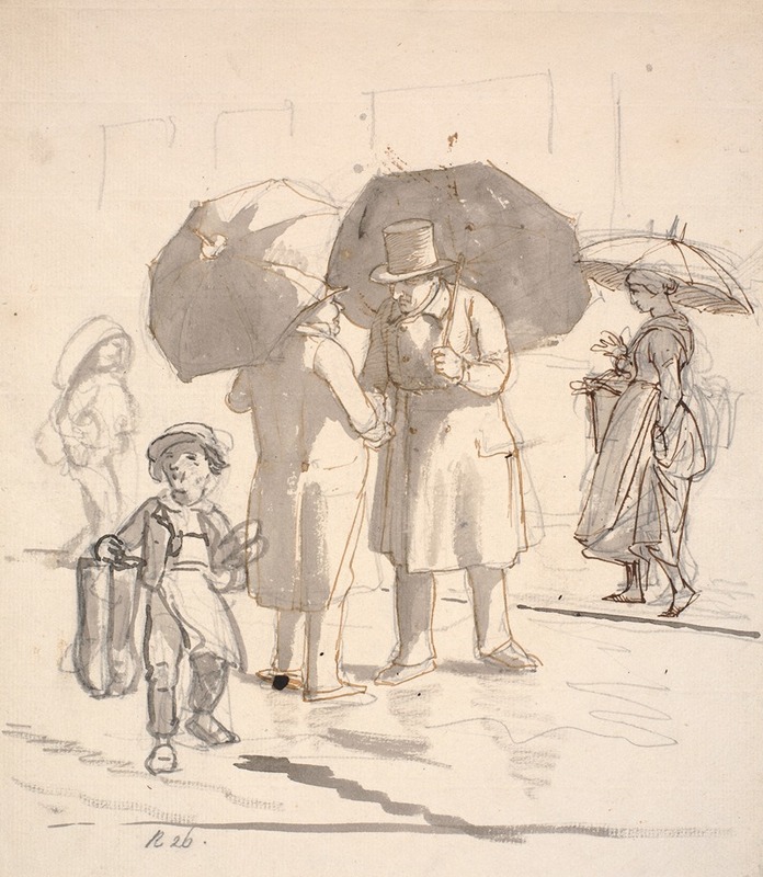 A depiction of a rainy day in a bustling city scene.