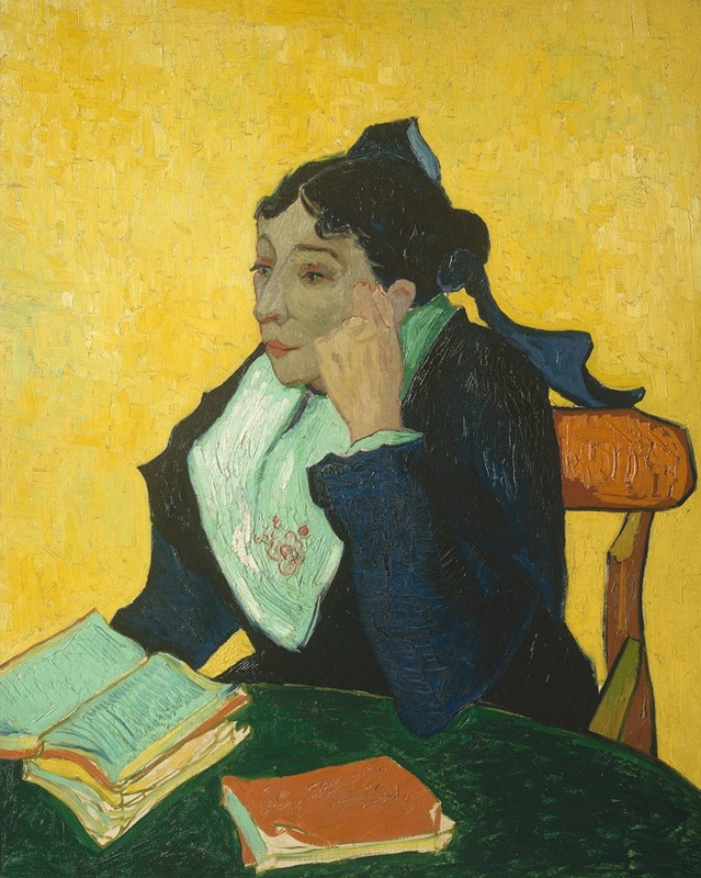 Vincent van Gogh's 'L’Arlésienne' depicts a woman in a vibrant dress against a textured background.