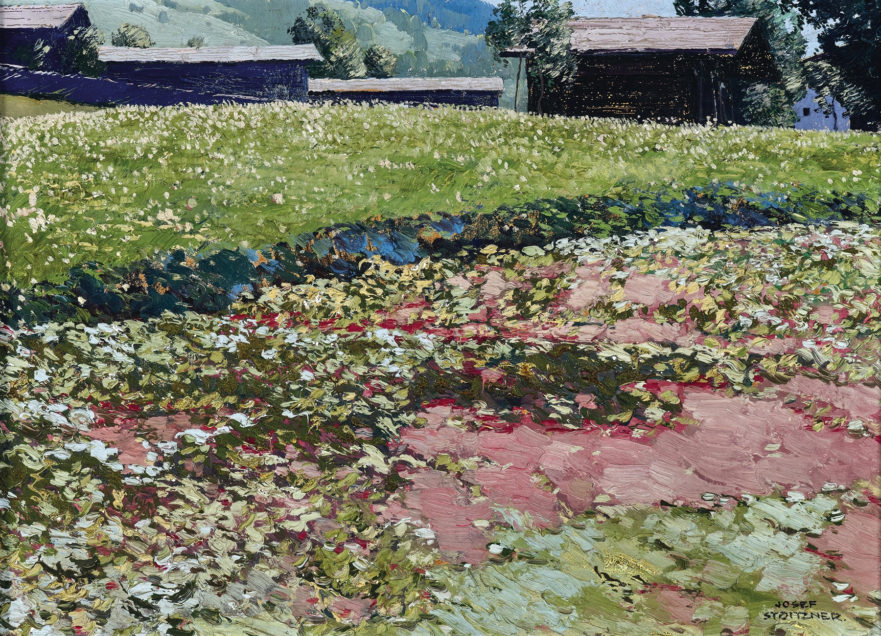 Landscape oil painting by Josef Stoitzner depicting a peaceful field with gentle light.