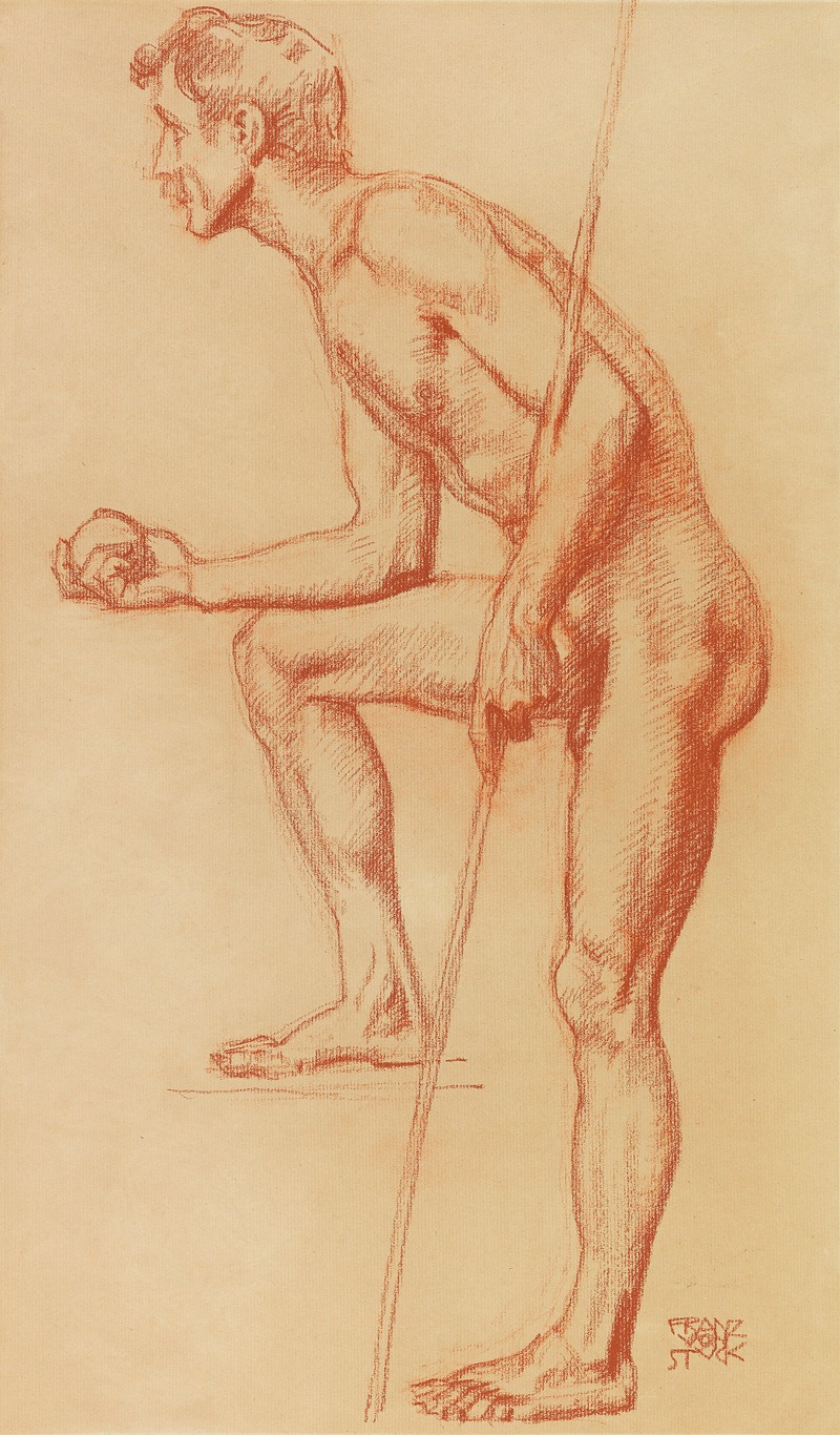 Franz von Stuck's 'Stehender Mann mit Apfel und Lanze' features a man holding an apple and a lance.