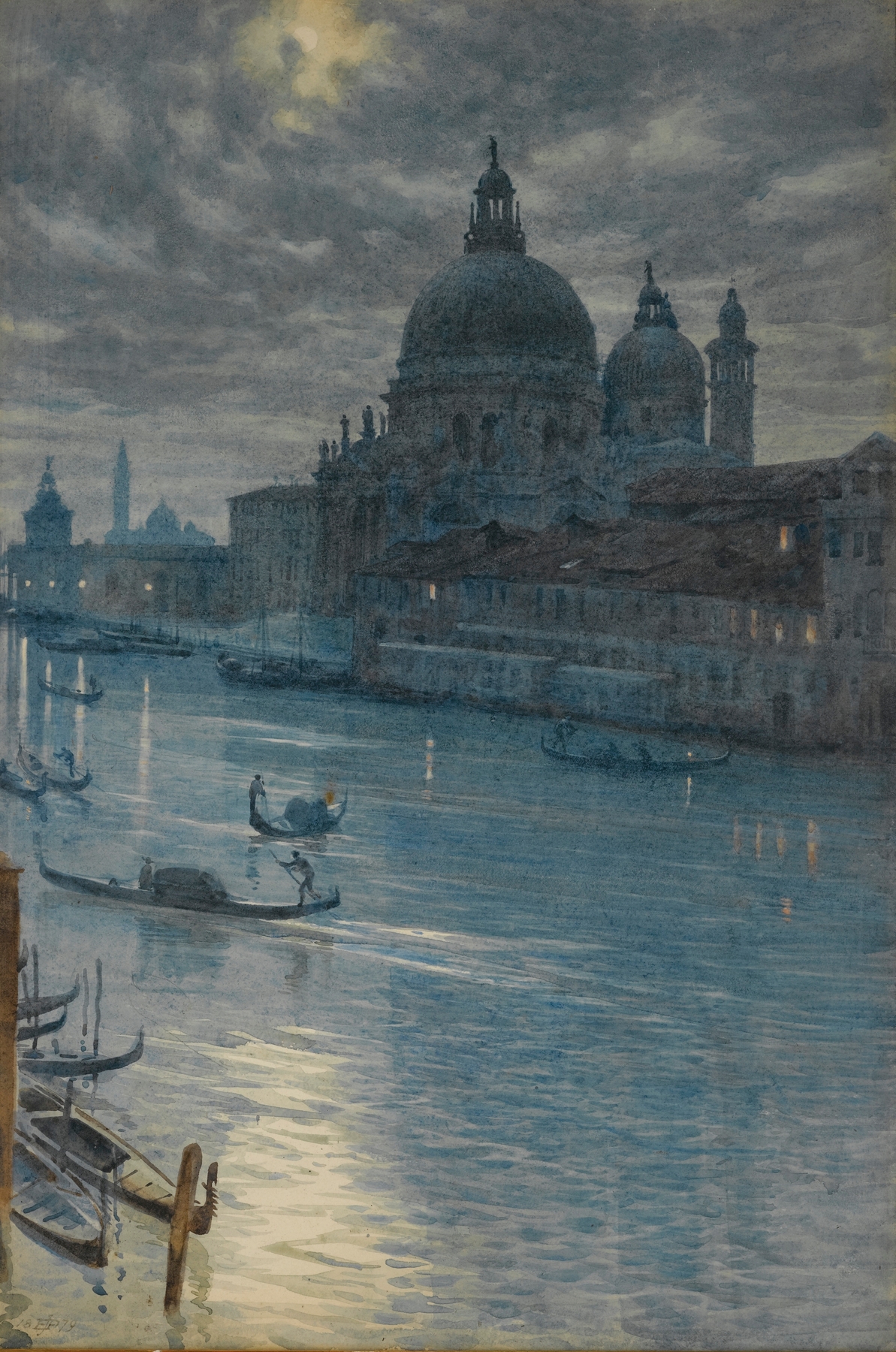A Moonlight Scene, Venice by Edward John Poynter, oil painting depicting a serene Venetian night.