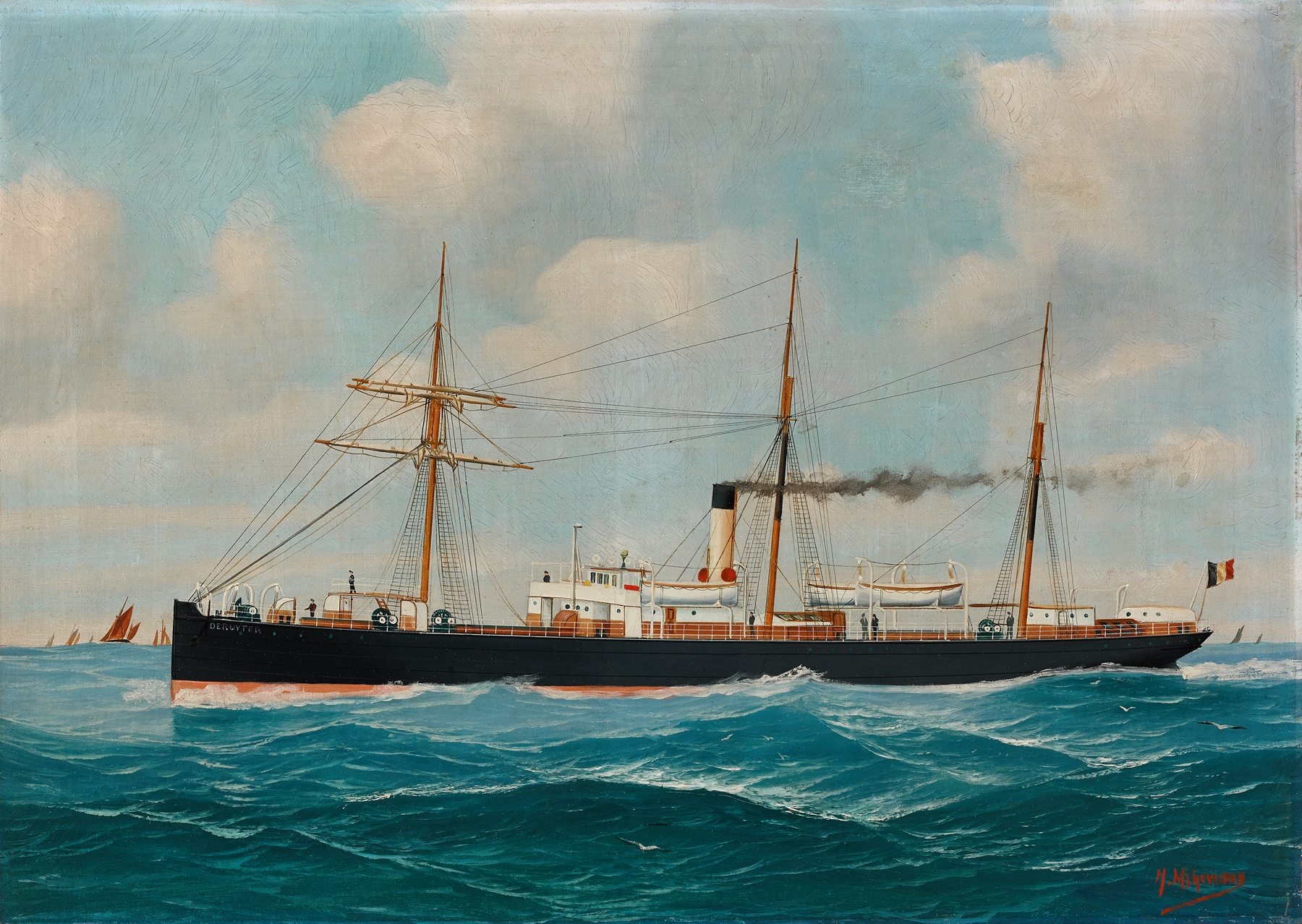 Marine scene featuring a ship with sails by John-Henry Mohrmann, oil painting