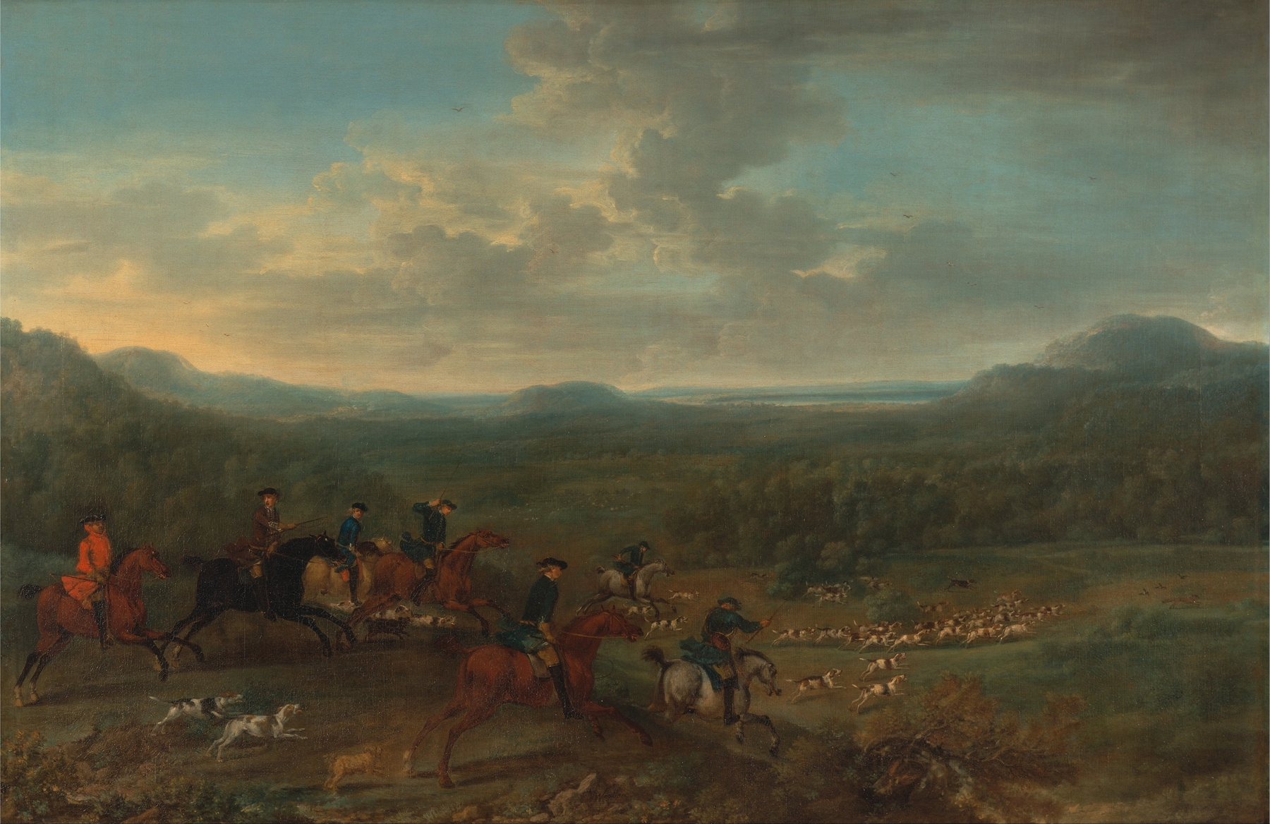 A Fox Hunt by John Wootton, Rococo oil painting depicting dogs in motion during a hunt.