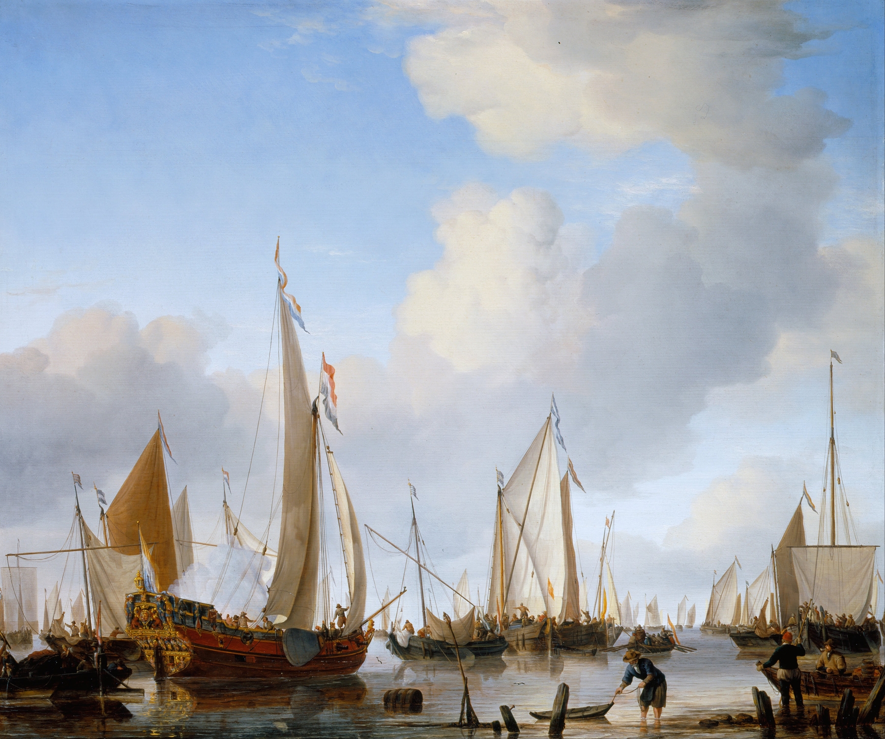 Calm- A States Yacht under Sail close to the Shore with many other Vessels, by Willem van de Velde the Younger, public domain