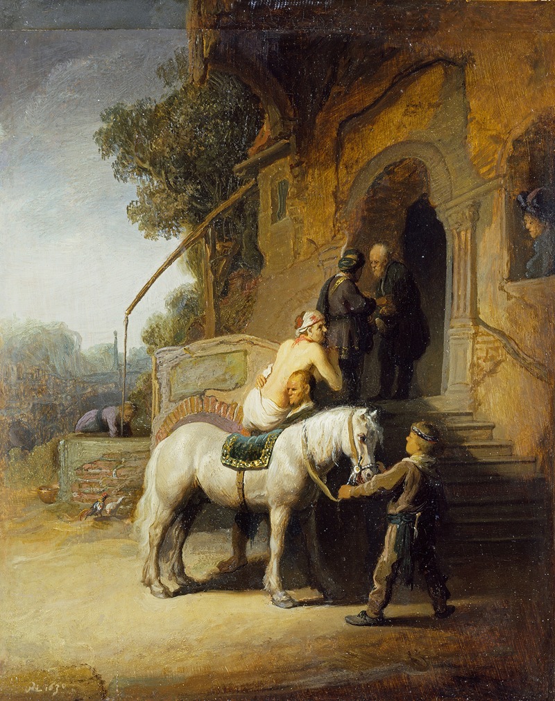 Rembrandt's 'The Good Samaritan' depicts a compassionate scene of aid and humanity.
