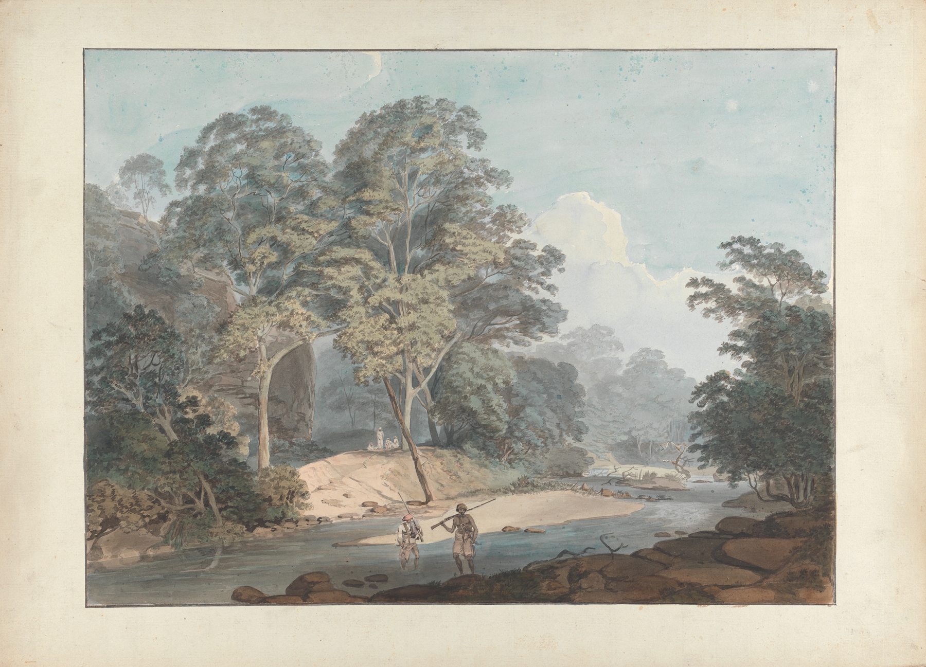 Rocky River Scene with Sepoys by Samuel Davis, oil painting depicting a tranquil river landscape.