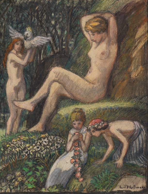 A vibrant scene depicting spring with bathers and children among flowers.