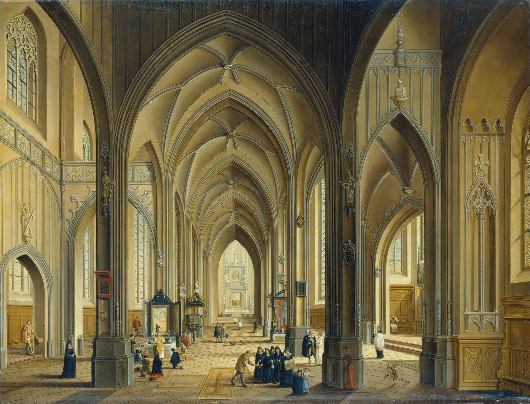 Interior of a Gothic church with stained glass by Johann Ludwig Ernst Morgenstern