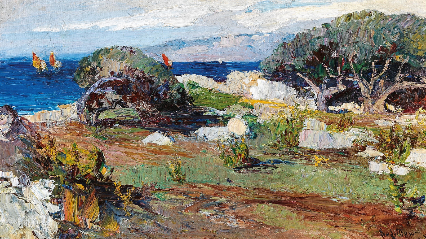 Coastal landscape oil painting by Leontine von Littrow with gentle waves and horizon.