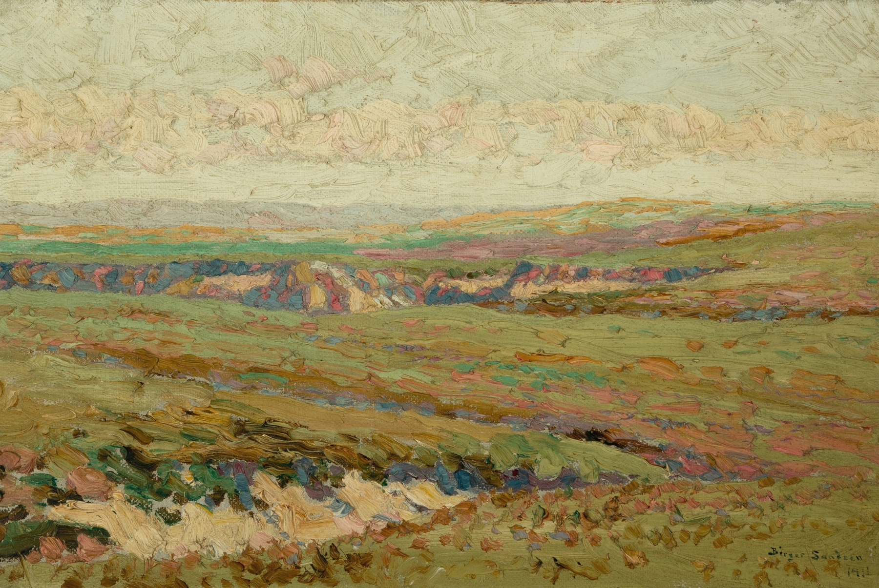 Post-Impressionism landscape by Birger Sandzén, depicting rolling hills and a vibrant sky.