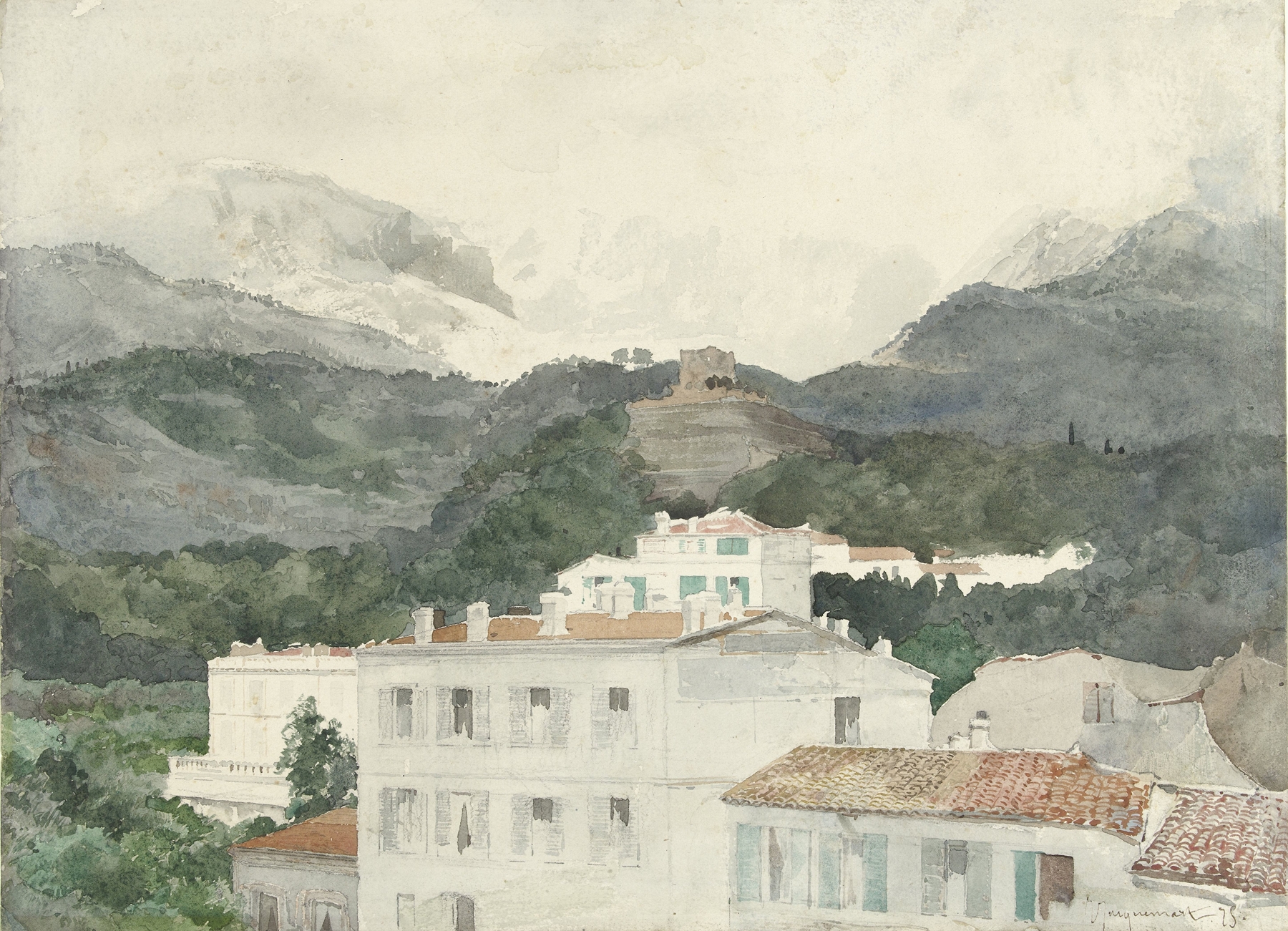 Landscape of mountains and village farmhouses by Jules-Ferdinand Jacquemart, 1875, oil painting