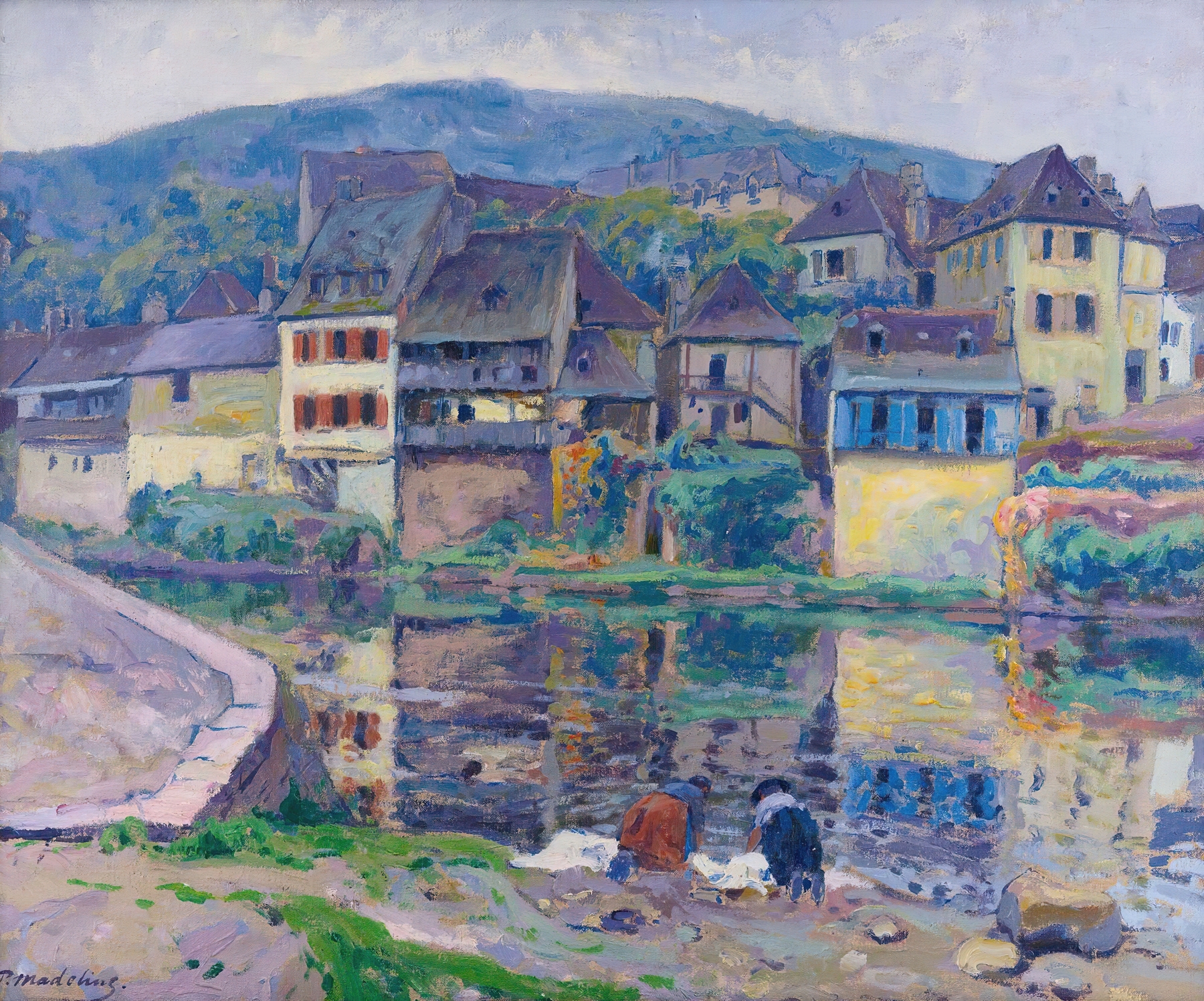 Les Lavandières by Paul Madeline, oil on canvas depicting washerwomen silhouetted against water.
