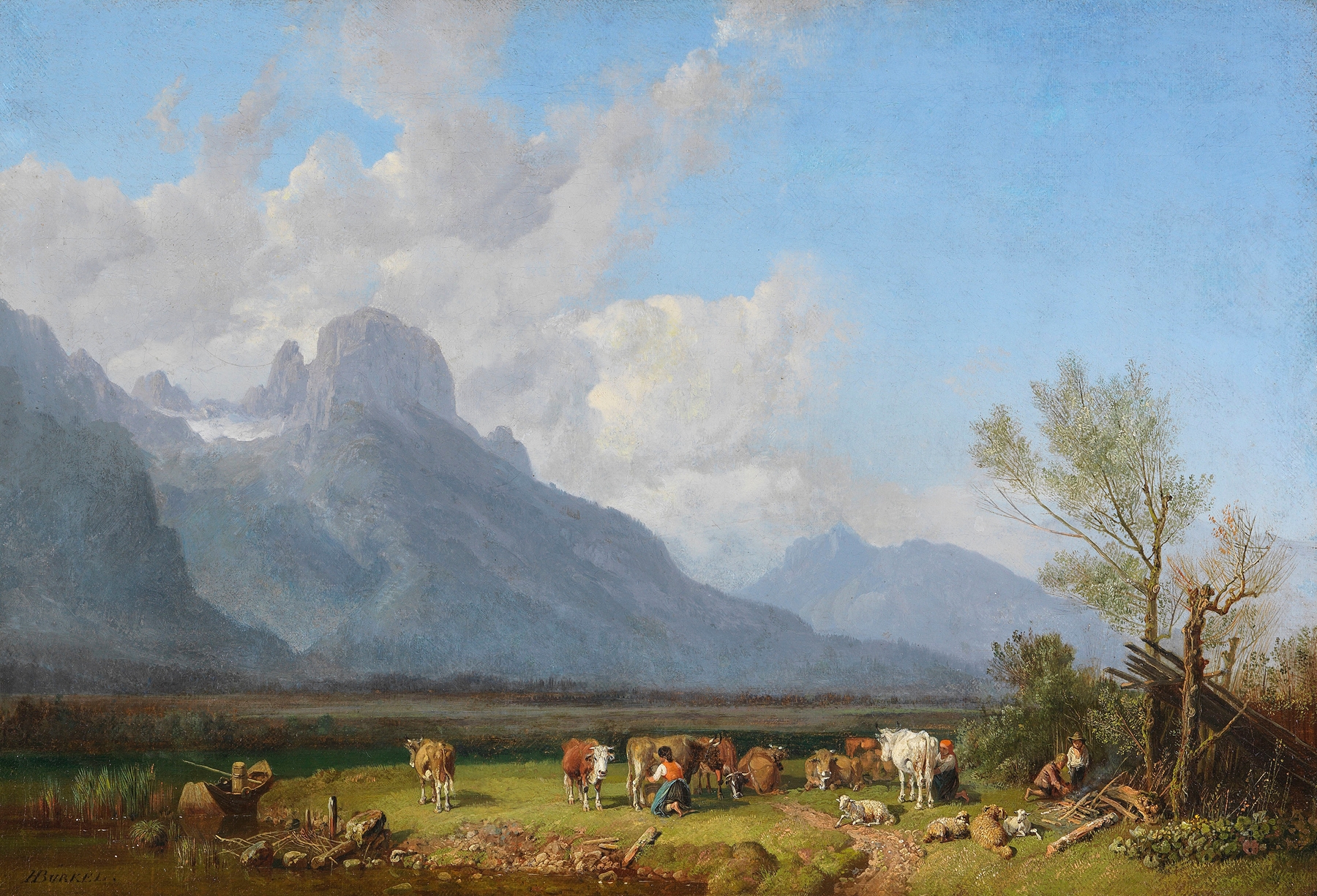 Viehhirten am Seeufer, oil on canvas by Heinrich Bürkel depicting shepherds by a lake at sunset.