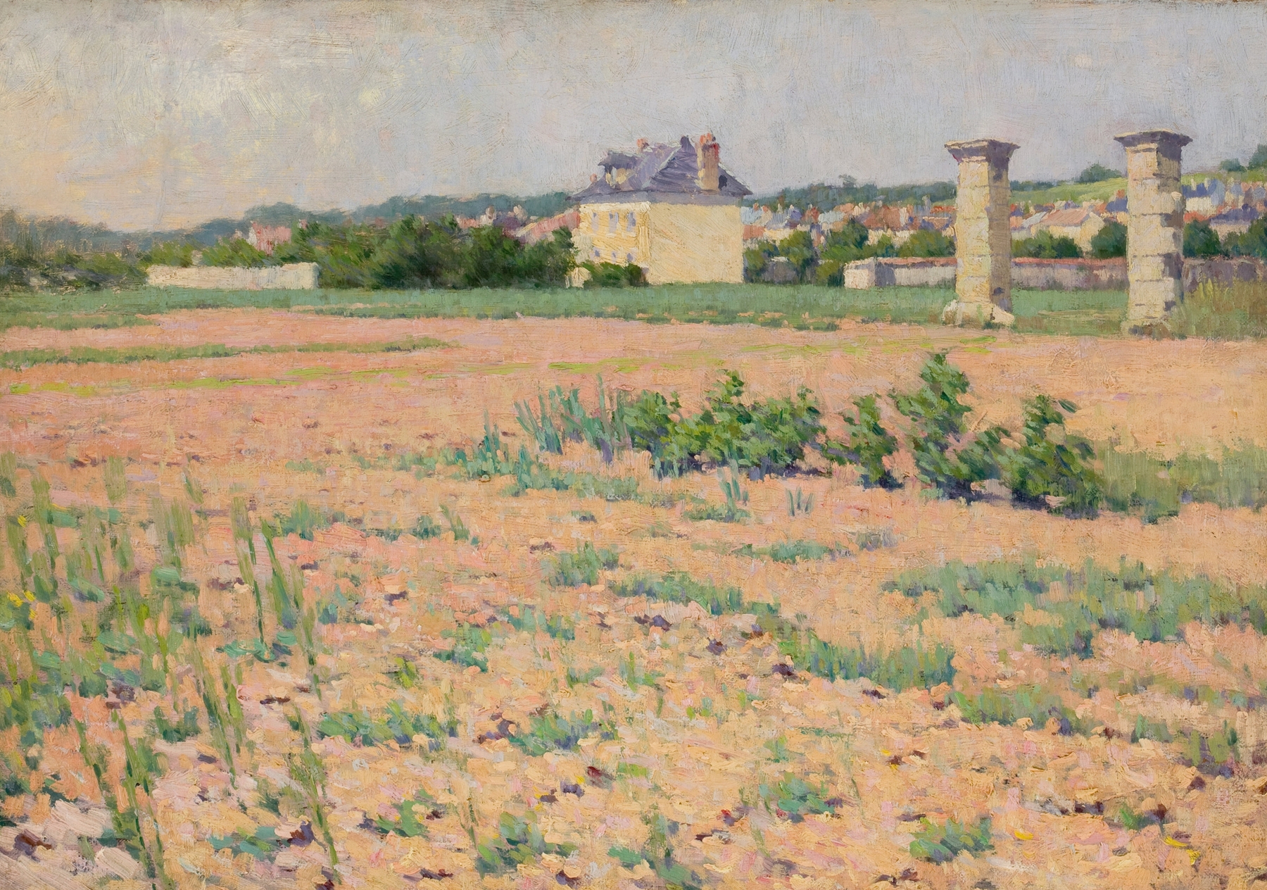 French Country Landscape with Houses in the Distance, oil on canvas by French School