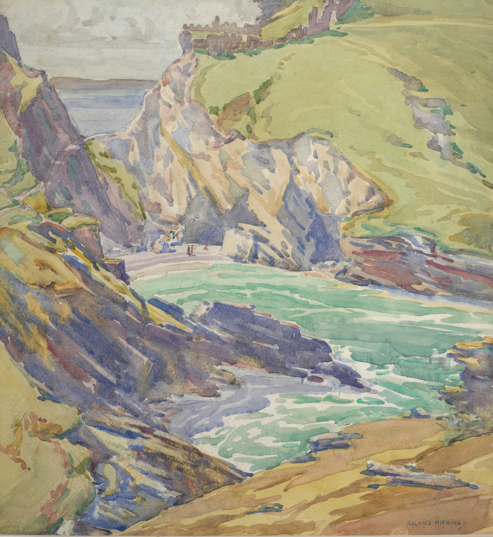 Landscape depicting Tintagel Castle ruins in 1928 by Roland Hipkins