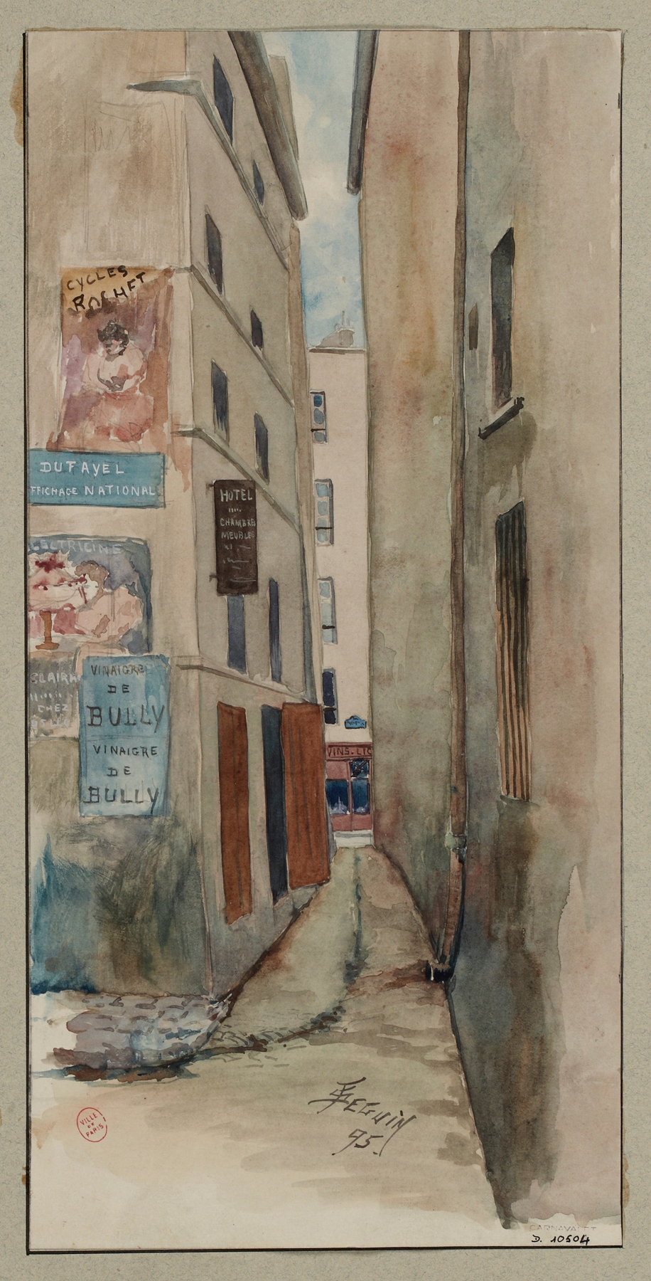 Genre scene depicting twilight on Rue du Chat qui pêche, oil painting by F. Séguin