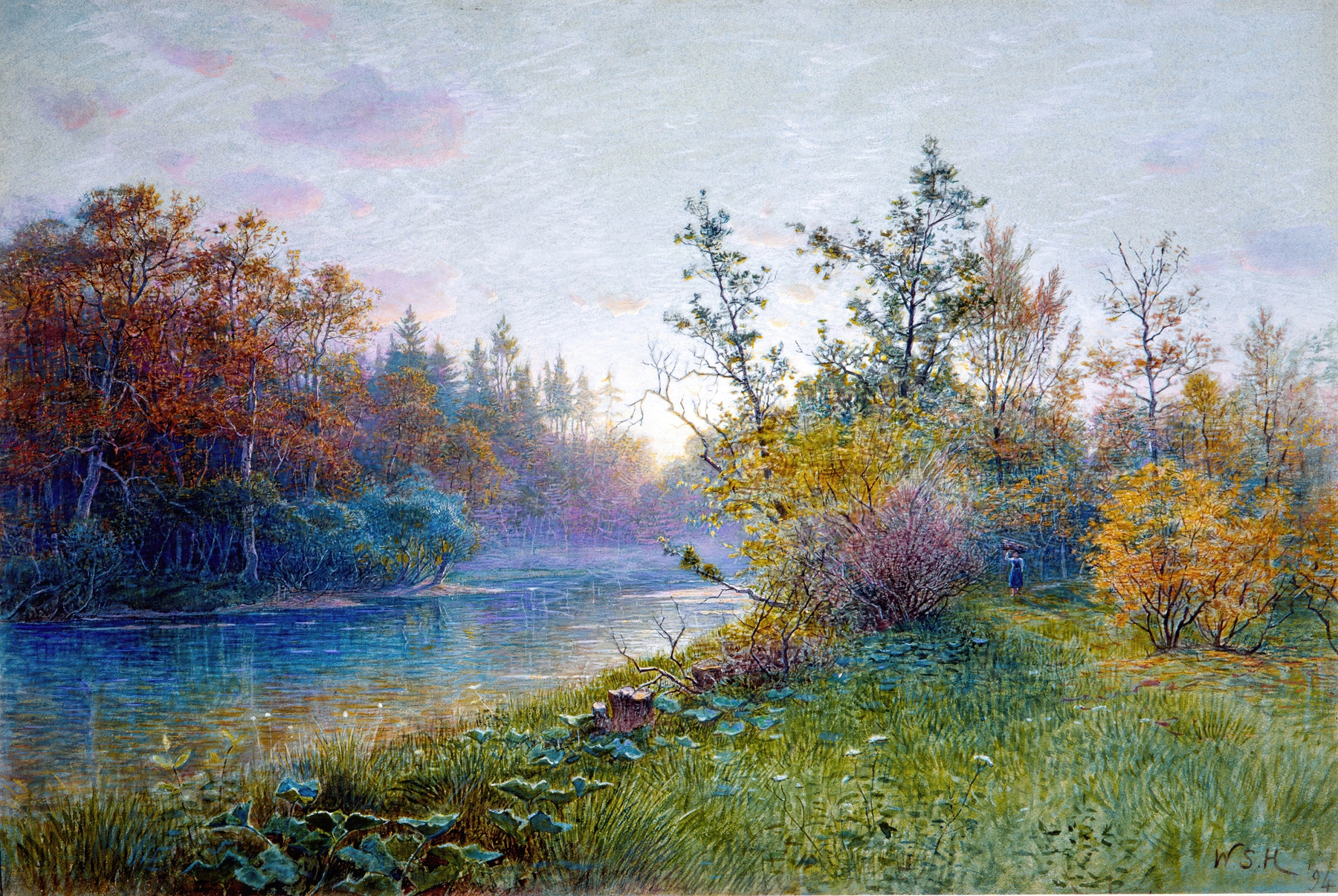 Mill Dam in Traunstein, oil on canvas by William Stanley Haseltine, depicting a river and mill at sunset.