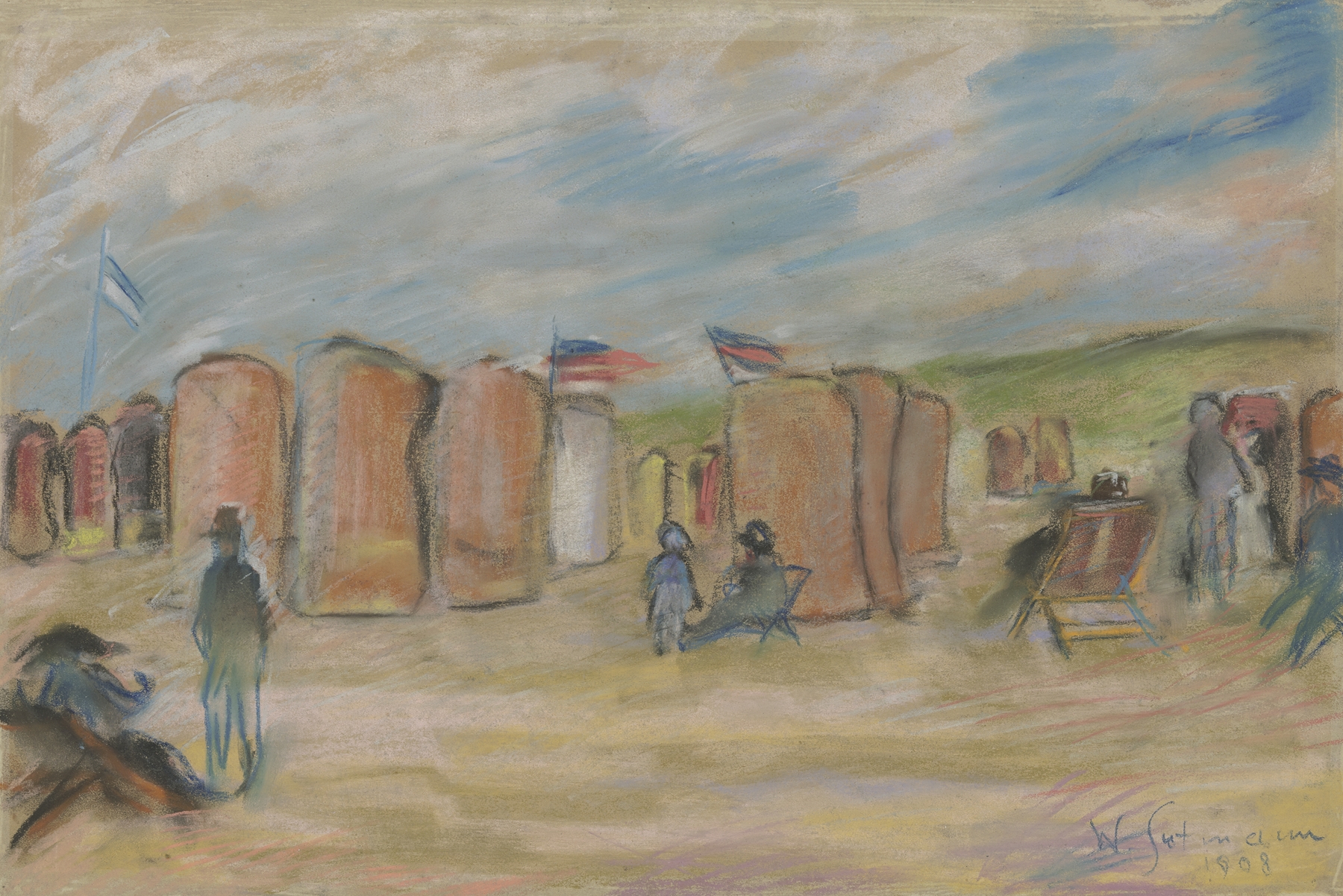 Beach chairs in vibrant colors, oil painting by Wilhelm Gutmann