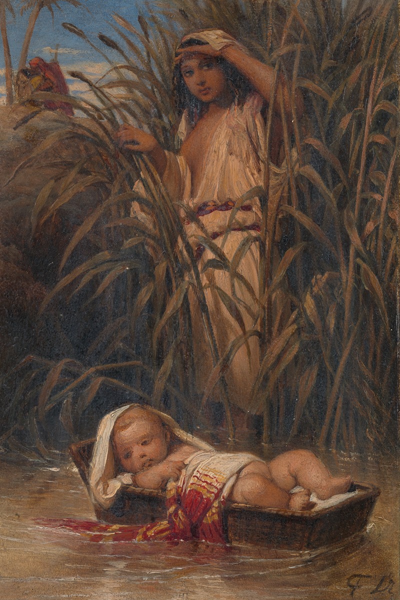 This painting depicts the biblical story of Moses in a basket.