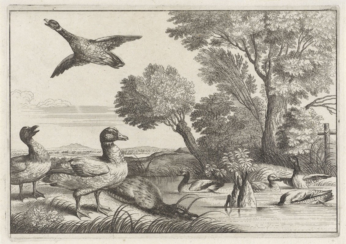 A depiction of nine ducks in various poses within a serene river landscape.
