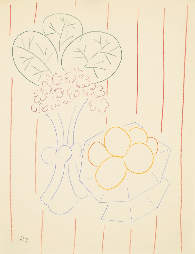 Henri Matisse's 'Fleurs et fruits, fond rayé' features vibrant colors and a bold composition.