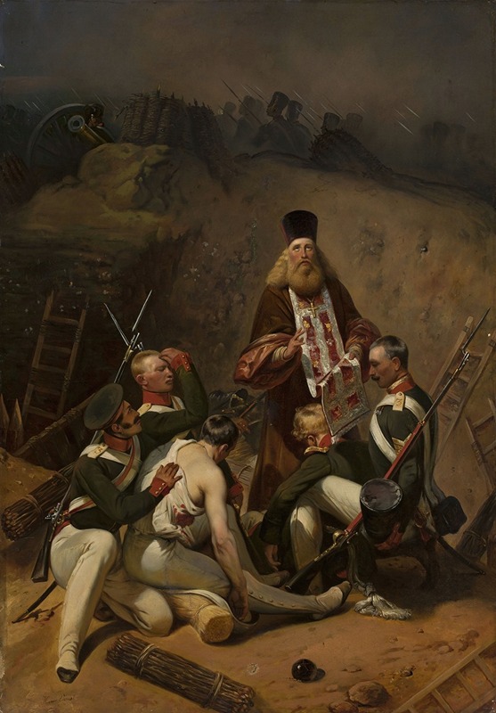 A priest blesses soldiers in a dramatic historical scene.