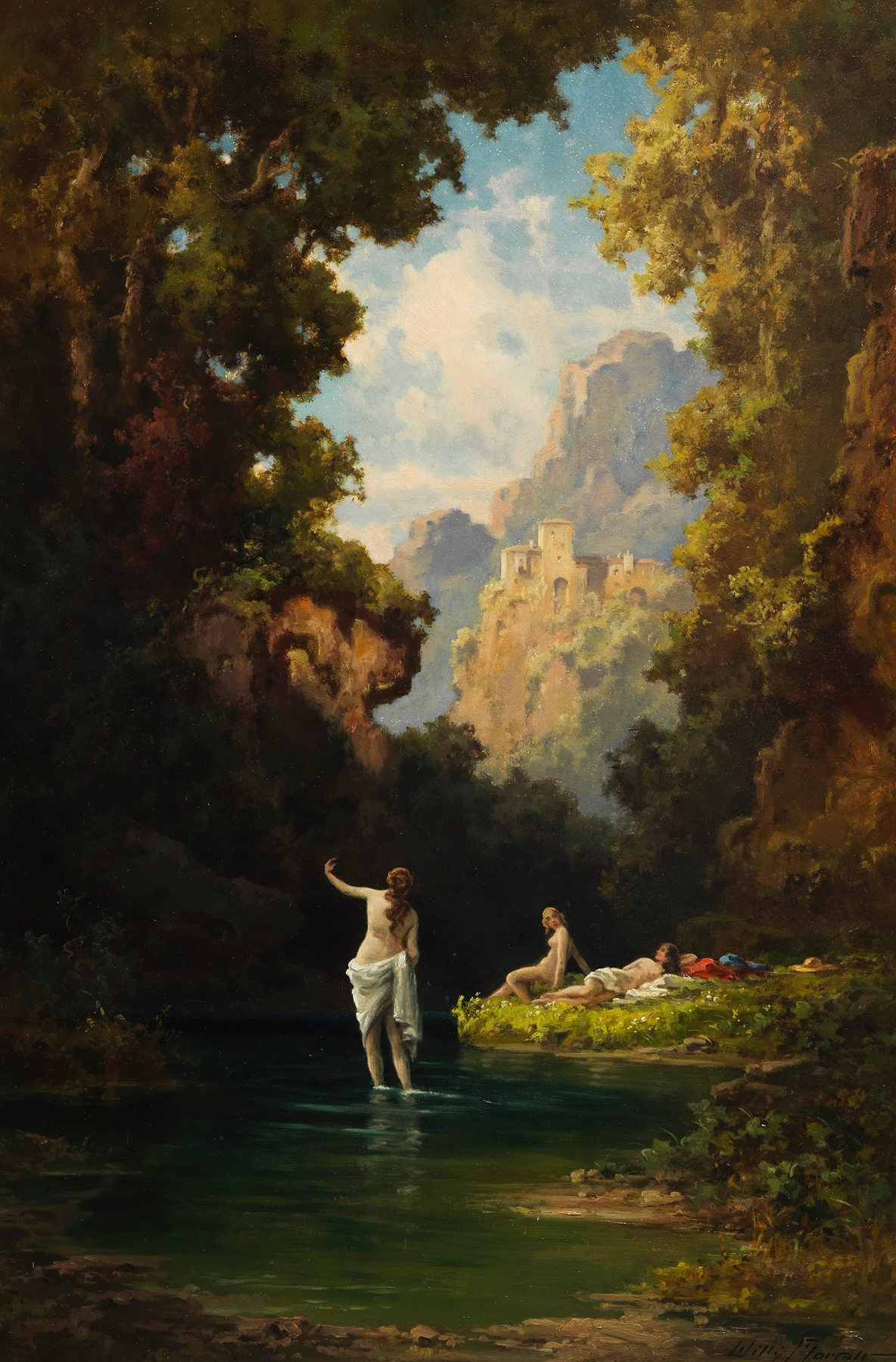 Genre scene depicting children playing by the water in a forest, oil painting by Willy Moralt