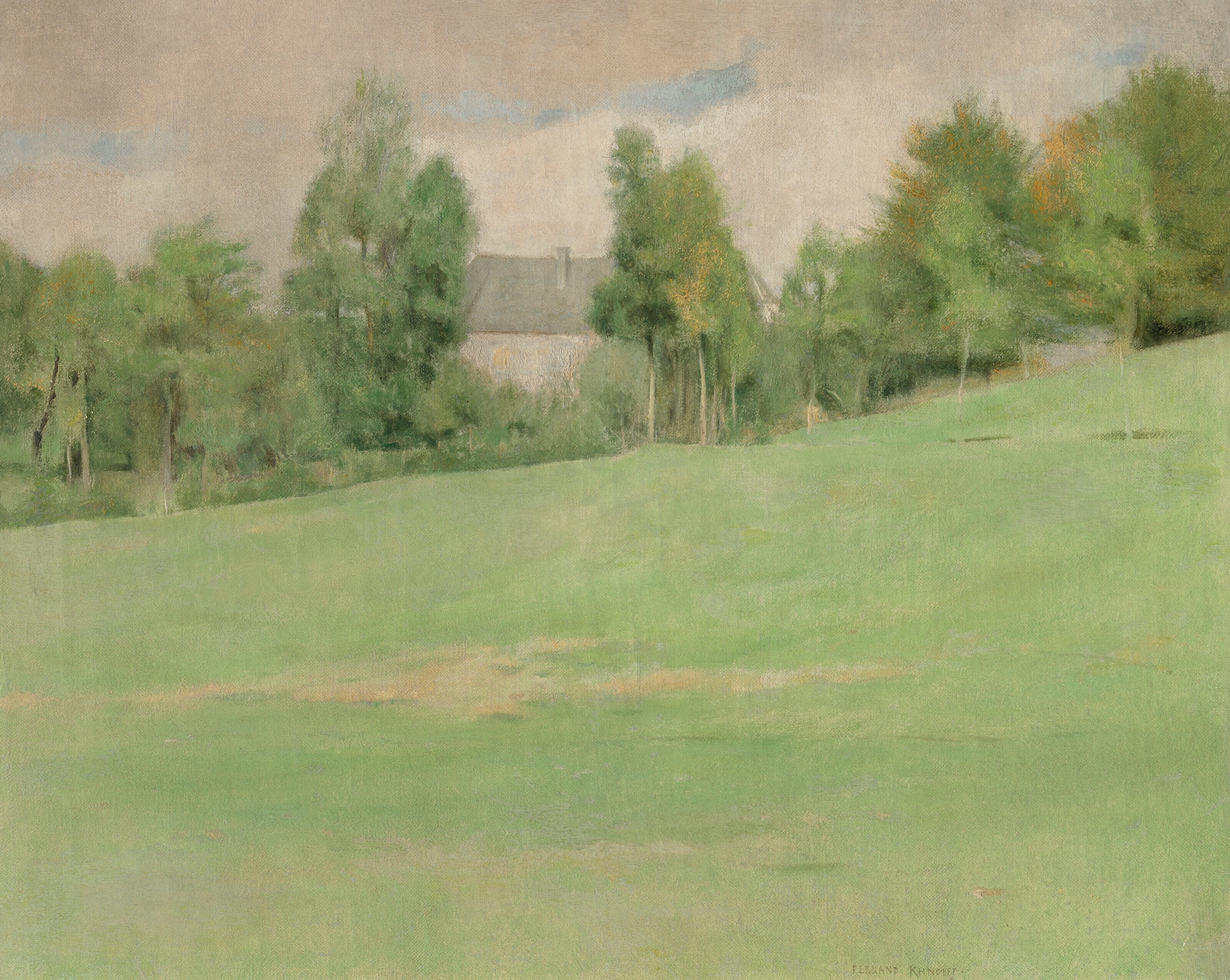 La venue de l’aube à Fosset, oil on canvas by Fernand Khnopff featuring a dawn landscape with a figure.