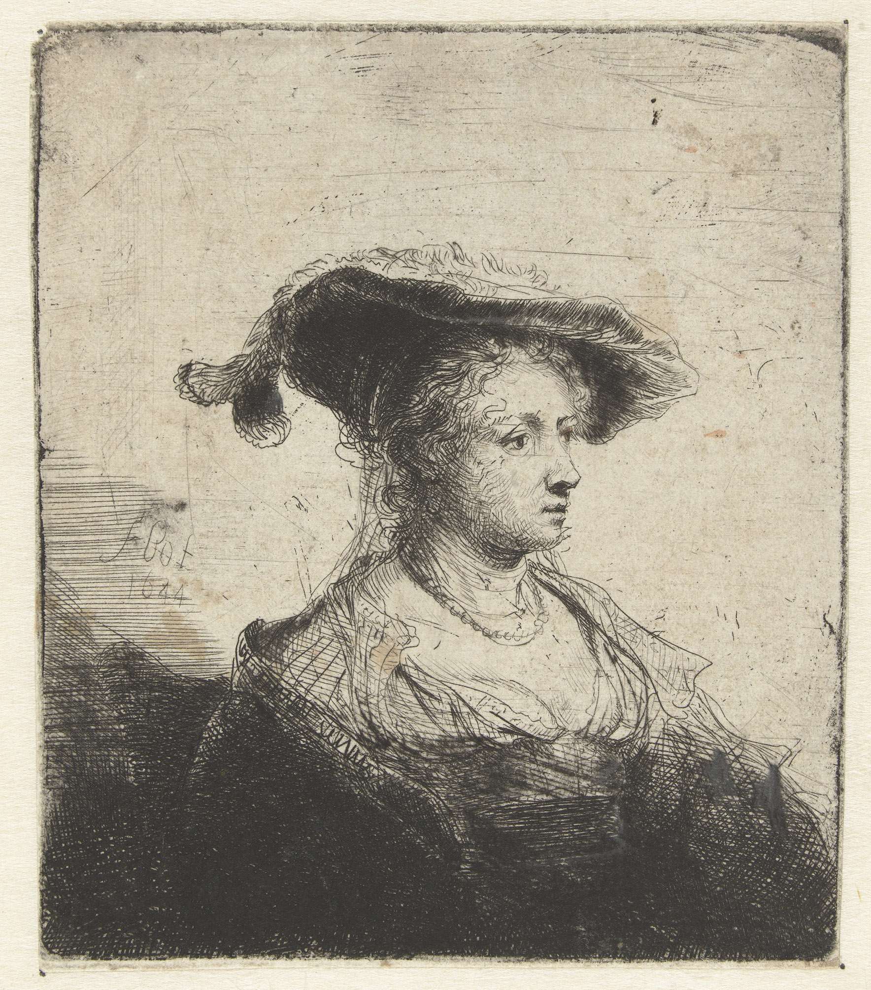 Jonge vrouw met hoed, by Ferdinand Bol, public domain