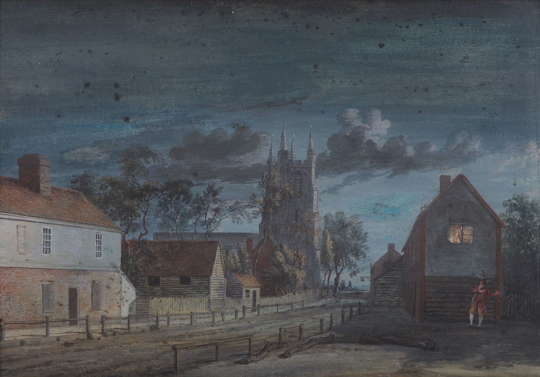 Watercolour by Paul Sandby depicting a serene twilight landscape with deep blue hues.