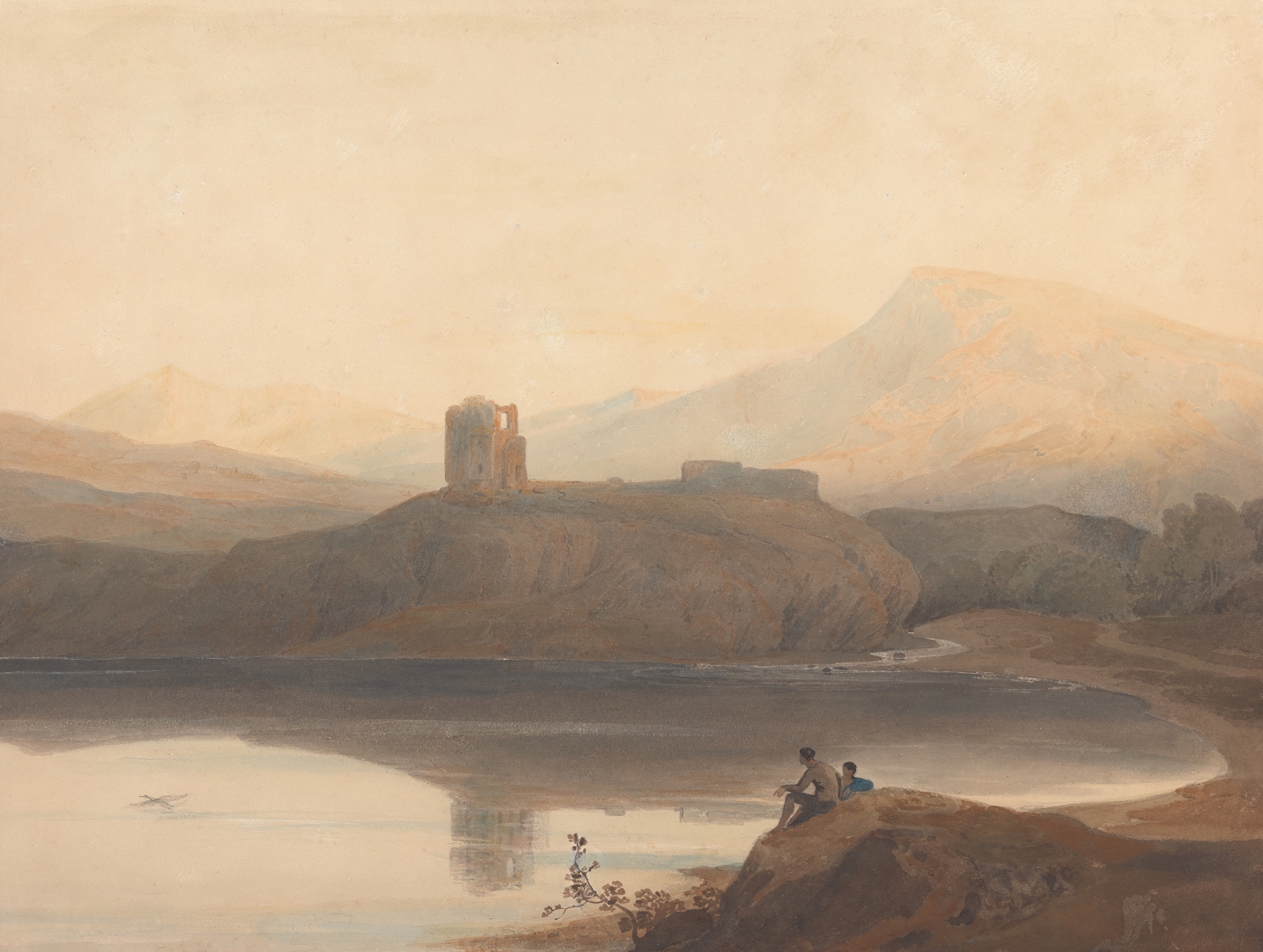 Llanberis Lake, with Castle Dolbadern, by John Varley, public domain
