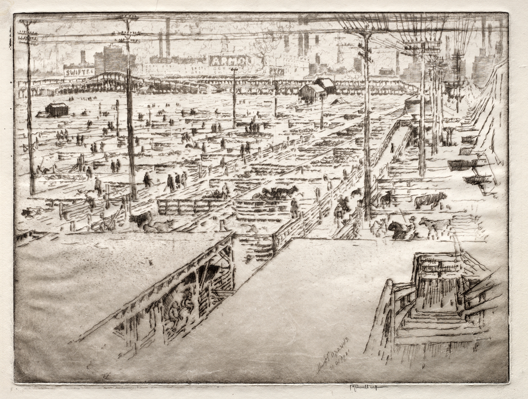 Lithograph by Joseph Pennell depicting Chicago's stockyards with industrial hues.