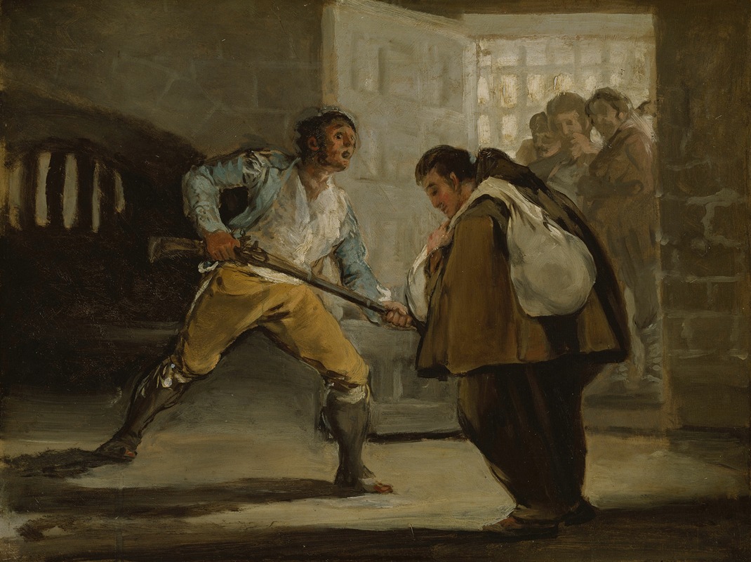 El Maragato threatens Friar Pedro de Zaldivia with his gun, oil on panel by Francisco de Goya.