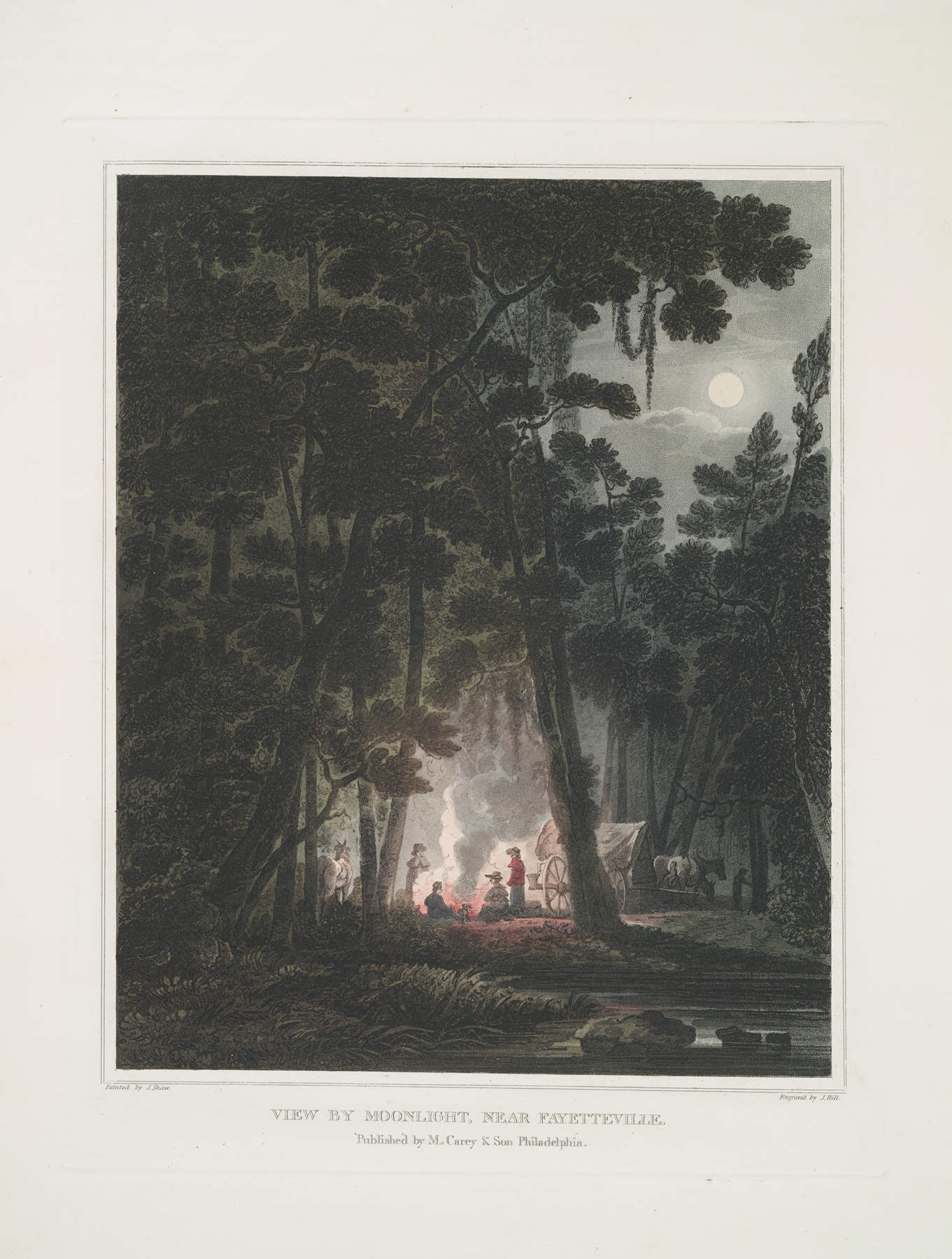 Landscape at night with moonlight over hills and river by Joshua Shaw, oil painting