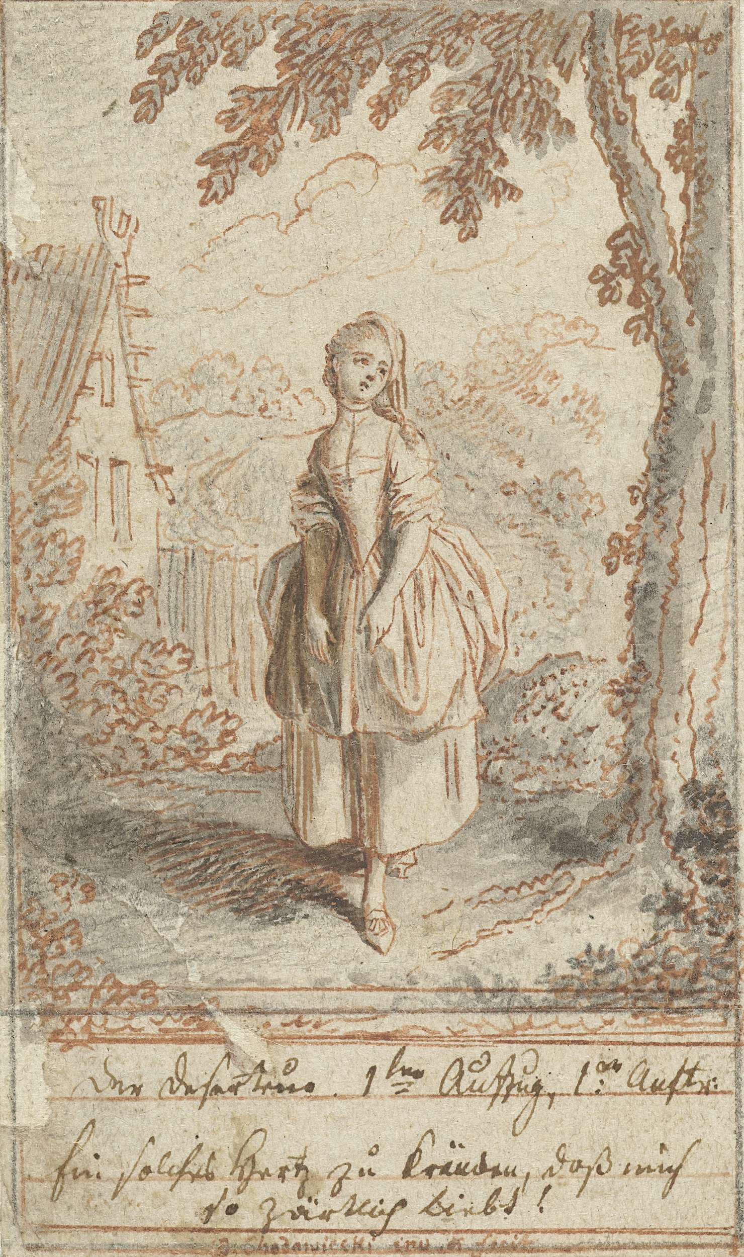 Portrait of a woman under a linden tree, ink on paper by Daniel Nikolaus Chodowiecki