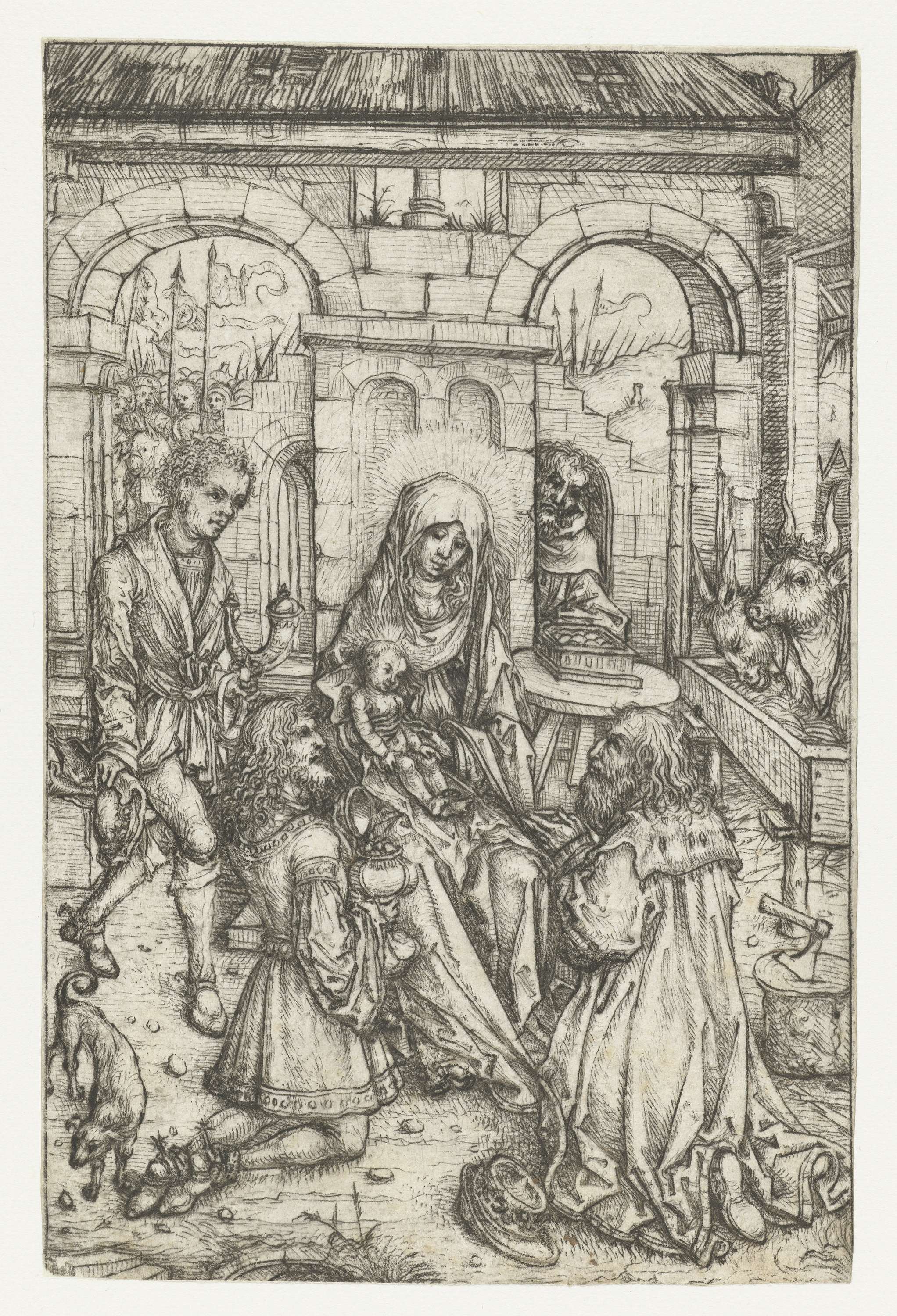 Drypoint by Meester van het Amsterdamse Kabinet showing three kings offering gifts to the infant Christ