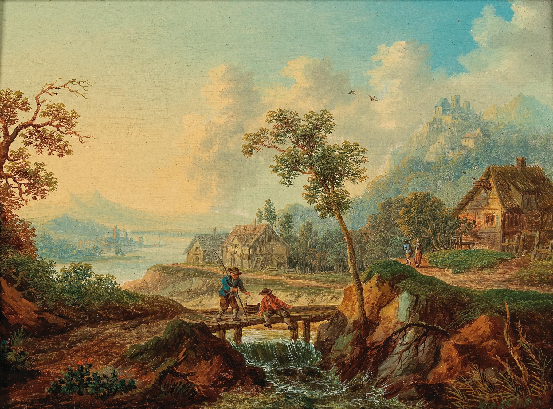 Rhenish river landscape with countryfolk, oil on canvas by Franz Hochecker
