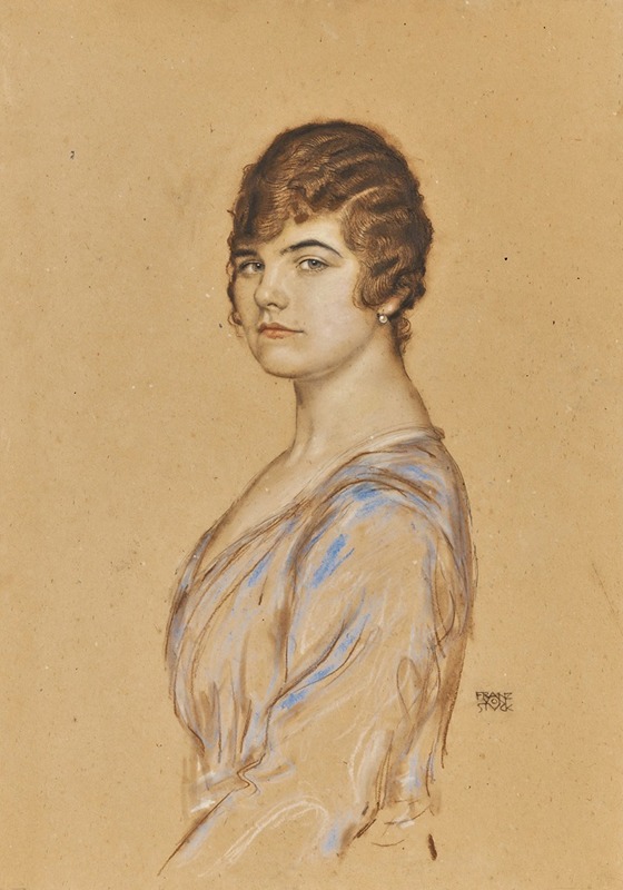 A captivating portrait of a girl in a blue dress by Franz von Stuck.