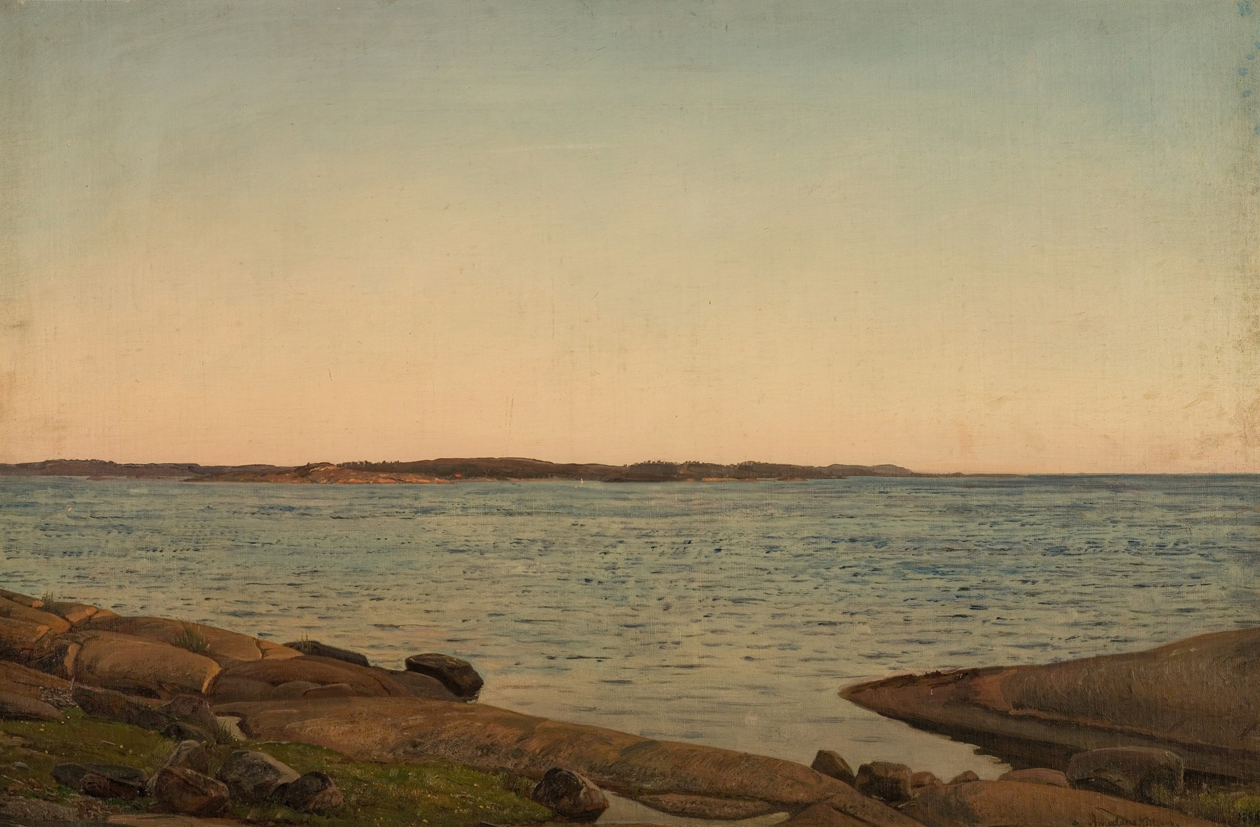 Fra Beiningen by Amaldus Nielsen, oil painting depicting a figure on a rocky shore