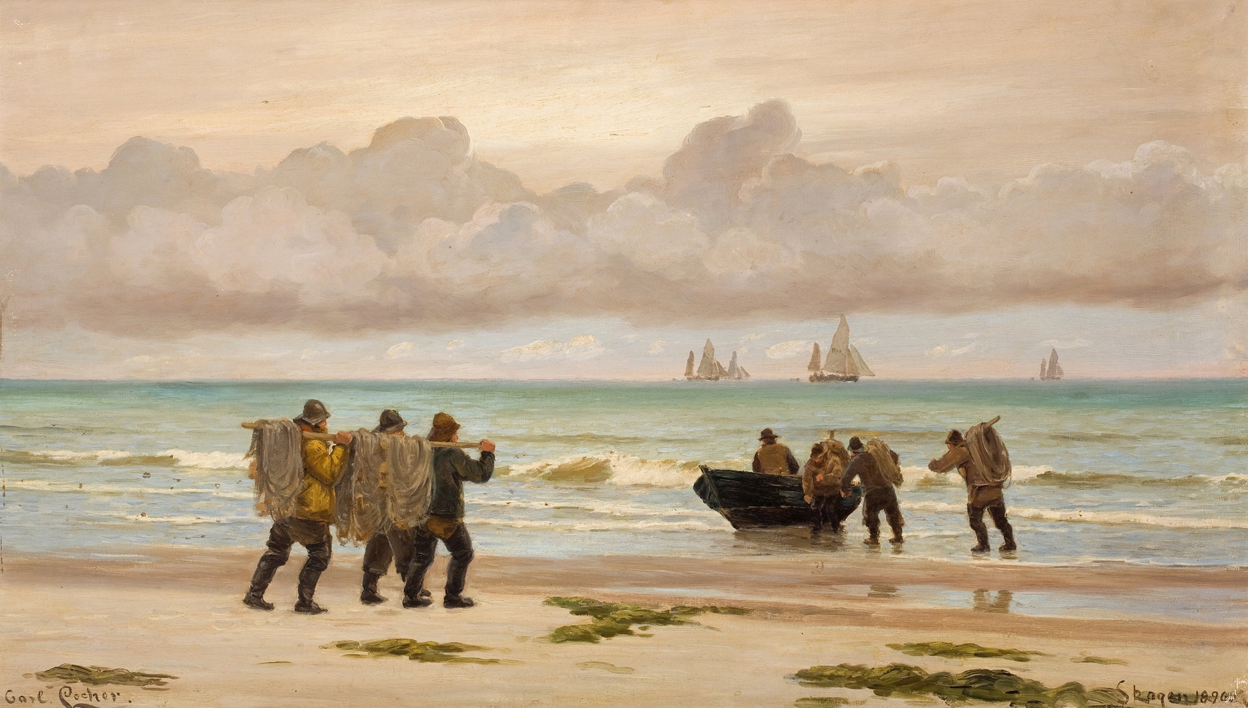Oil painting by Carl Locher depicting boats sailing on water at sunset