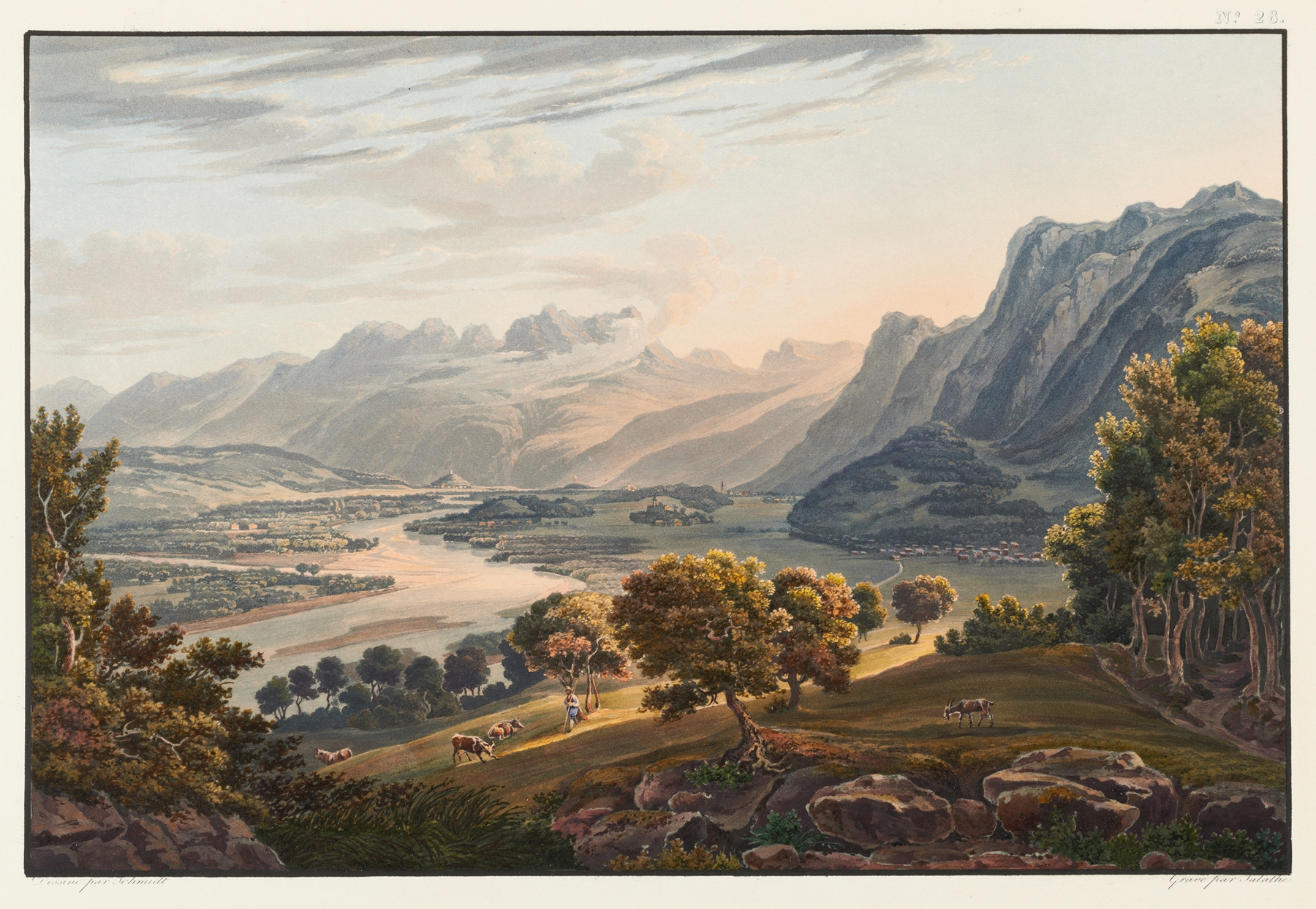 Réunion de l’Ill et du Rhin, oil on canvas by Johann Ludwig Bleuler depicting rivers and lush landscape.