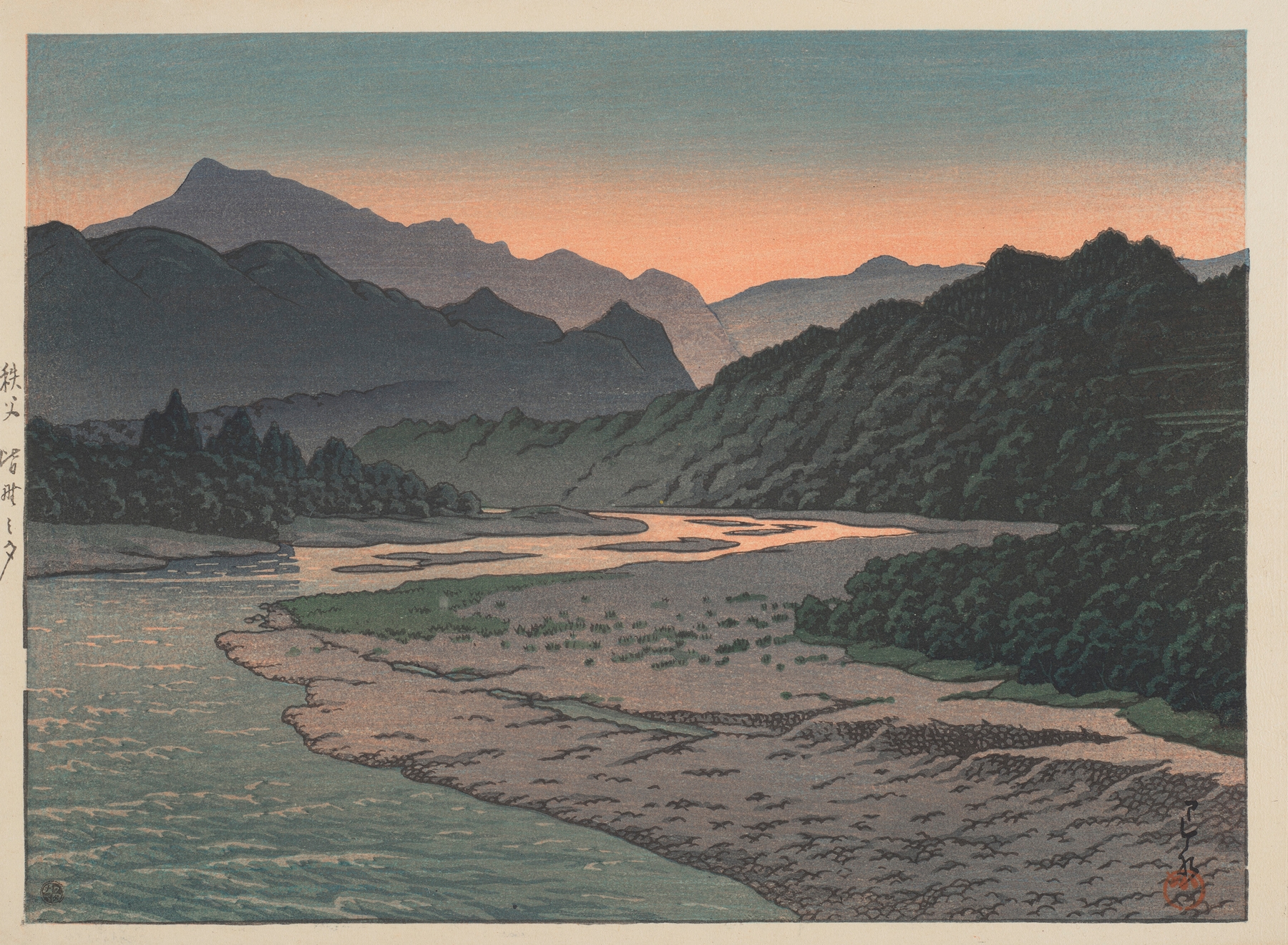 Woodblock print by Kawase Hasui depicting a tranquil river landscape at twilight