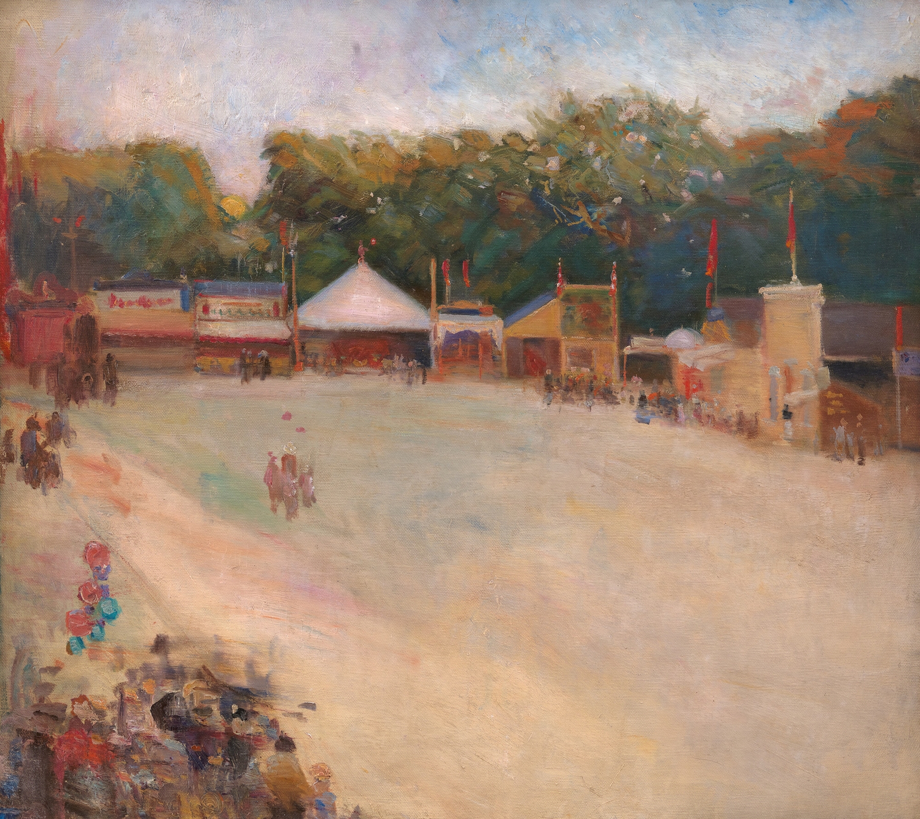A summer evening fun fair scene with a carousel, oil painting by Fridolin Johansen