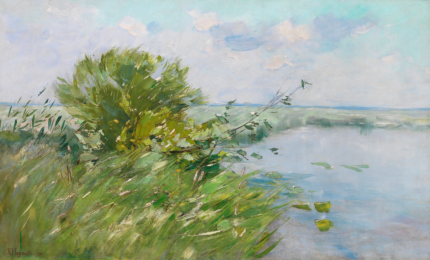 Märkische Seenlandschaft by Karl Hagemeister, oil on canvas depicting hills and a lake.