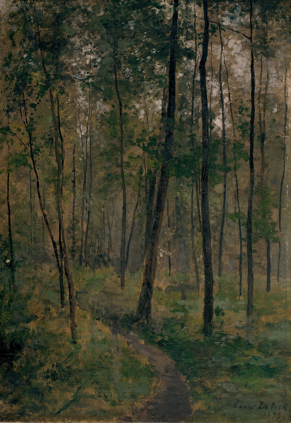 Woodland Scene by César De Cock, oil on canvas depicting a forest with sunlight filtering through trees.
