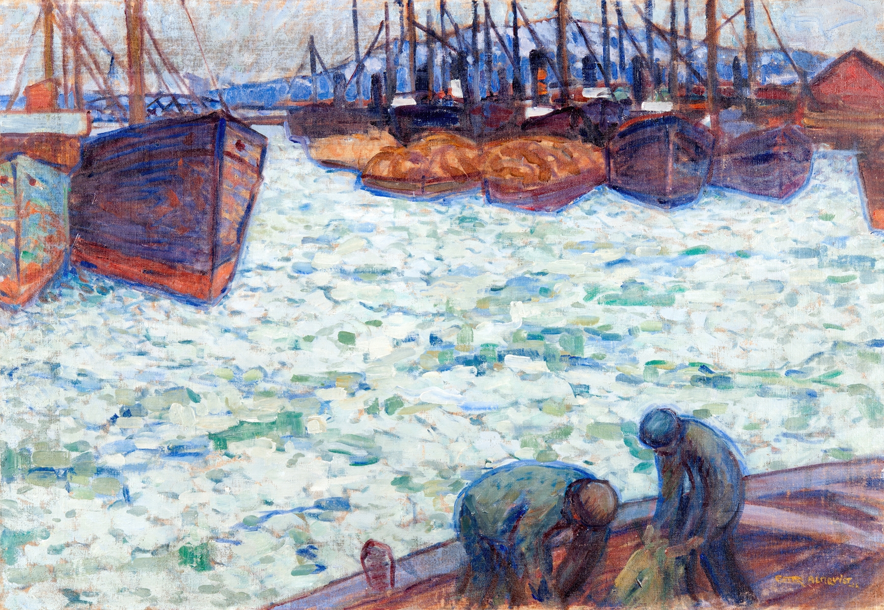 Gothenburg Harbour with Boats in the Ice, oil painting by Ester Almqvist